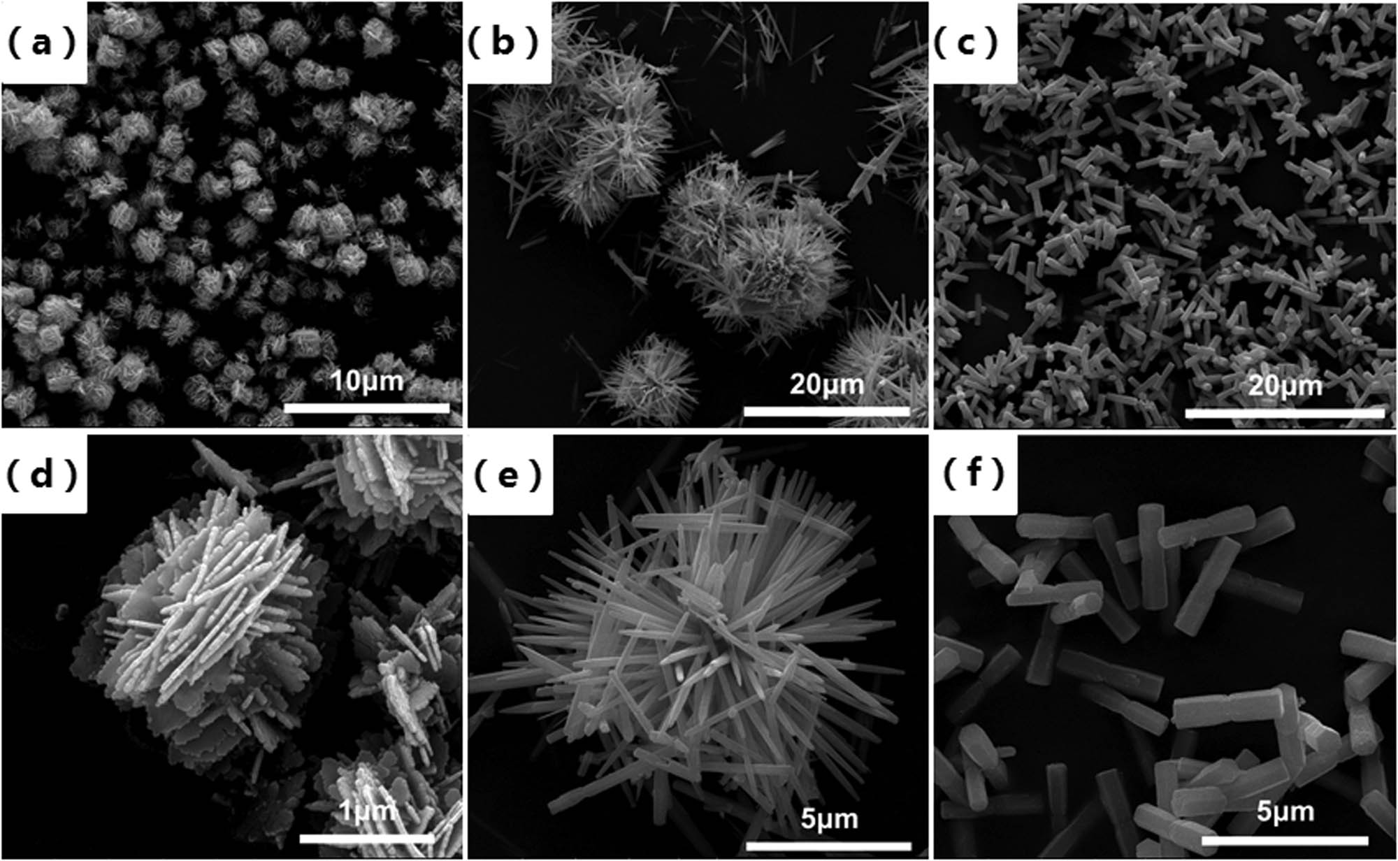 Figure 4 
                  SEM images of (a and d) flower-like ZnO, (b and e) sea urchin ZnO, and (c and f) rod-like ZnO.
               