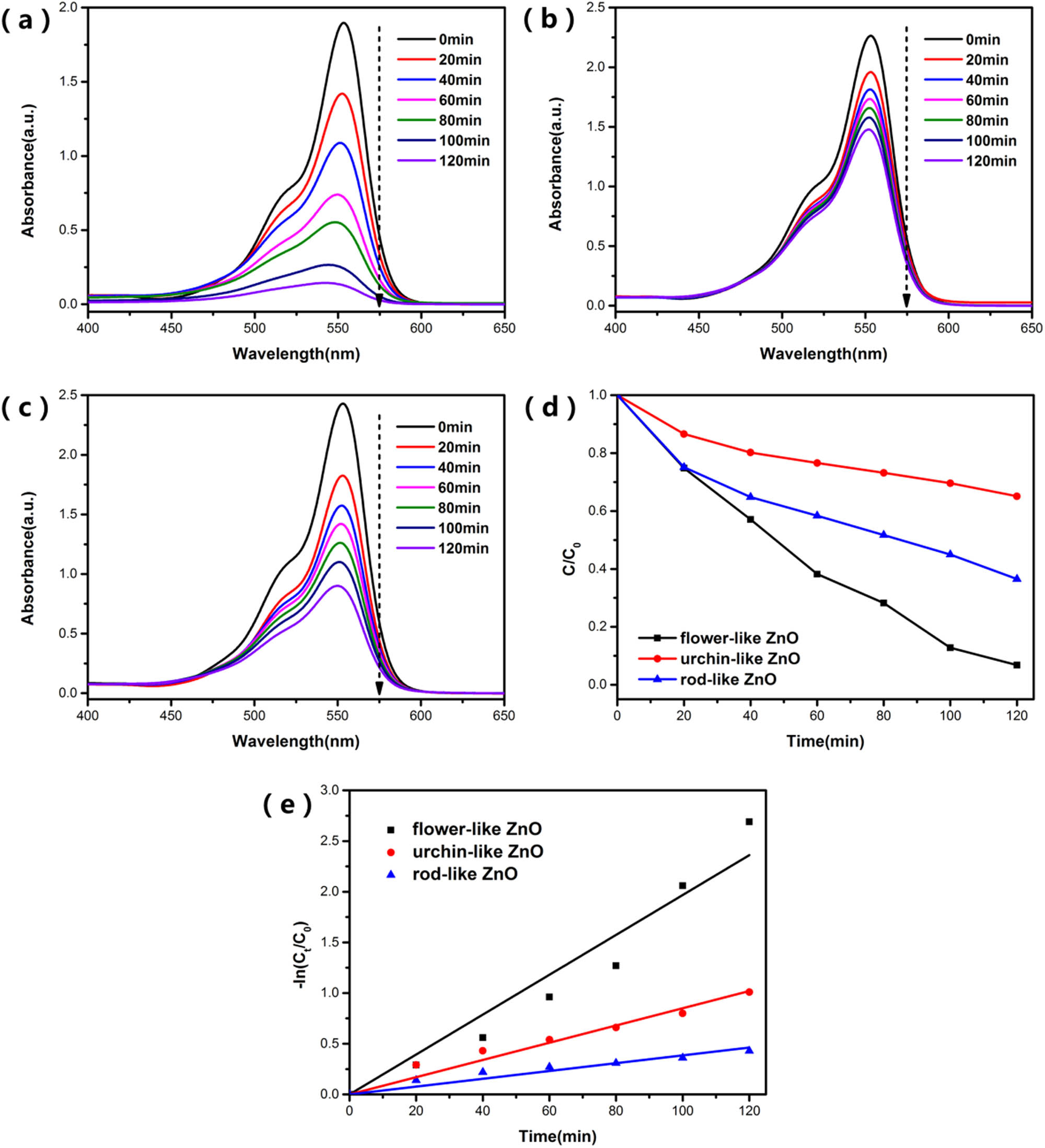 Figure 7 
                  The UV-visible absorbance spectra of RhB during degradation by (a) flower-like ZnO, (b) urchin-like ZnO, and (c) rod-like ZnO. (d) Photocatalytic activities of the three samples evaluated by the degradation of RhB under simulated sunlight, and (e) fitted curves with pseudo-first-order kinetic model of samples under simulated sunlight.
               