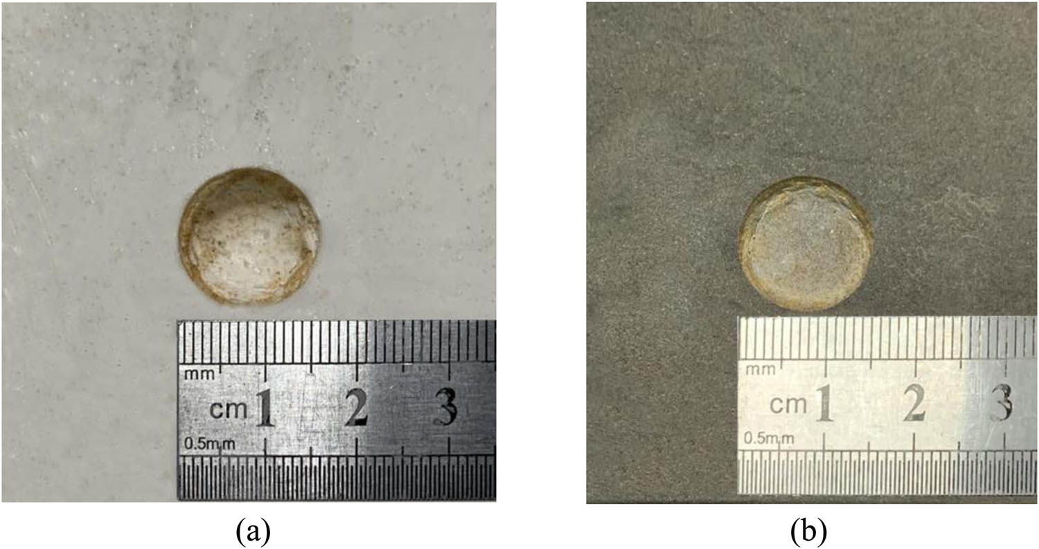 Figure 6
Impact damage of typical syntactic foam panels: (a) F70-III and (b) F70MC1.2M-III.