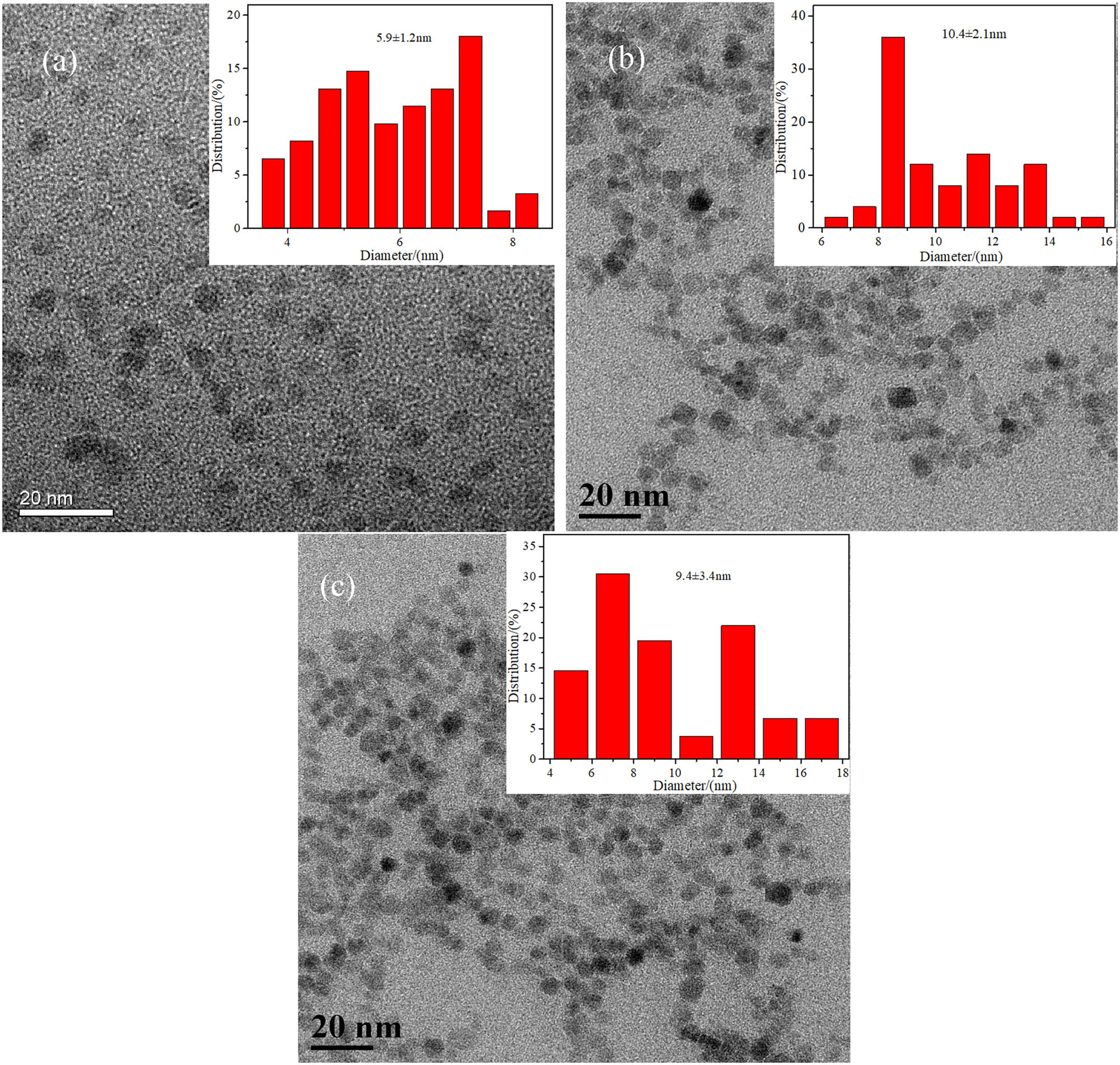 Figure 2 
                     TEM images of Fe3O4@DDT-PMAA MF at (a) 0.5% of DDT-PMAA; (b) 1% of DDT-PMAA; and (c) 2% of DDT-PMAA, the scale bars are all in 20 nm.
                  