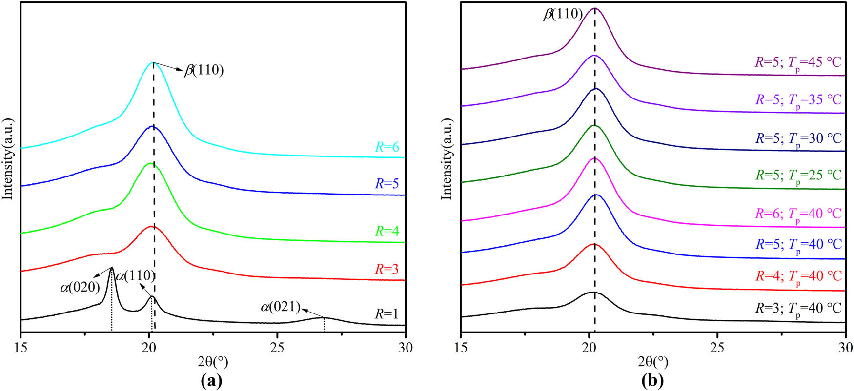 Figure 6 
                  XRD diffraction spectrogram of PVDF-HFP films: (a) stretched plus poled films at various elongation ratios (T
                     p = 40°C) and various poling temperatures (R = 5); (b) stretched films at various elongation ratios.
               