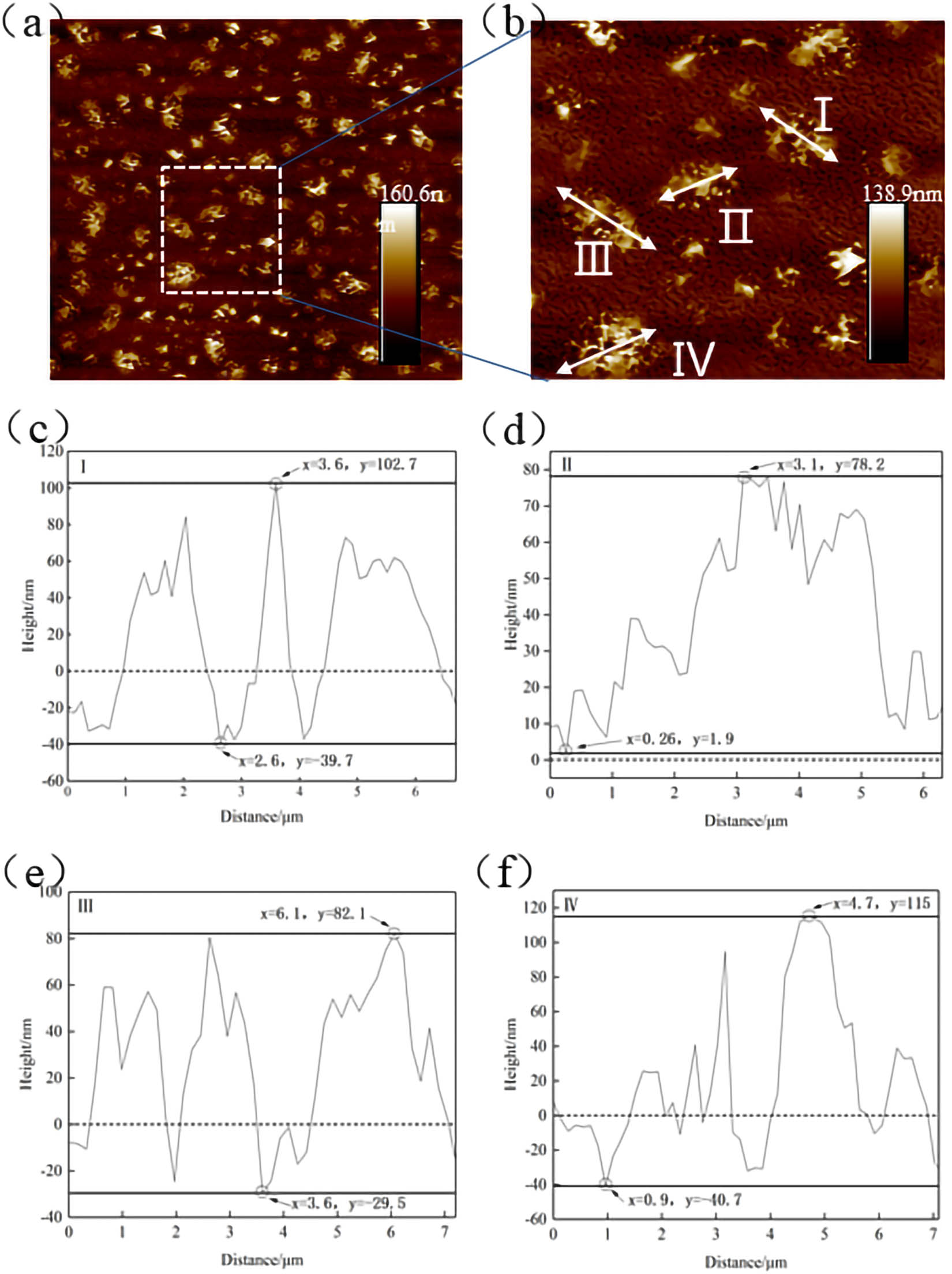Figure 21 
                     Morphology and roughness analysis results of cluster structure: (a) scanning zone; (b) selected cluster structure; (c) cluster structure I; (d) cluster structure II; (e) cluster structure III; and (f) cluster structure IV.
                  