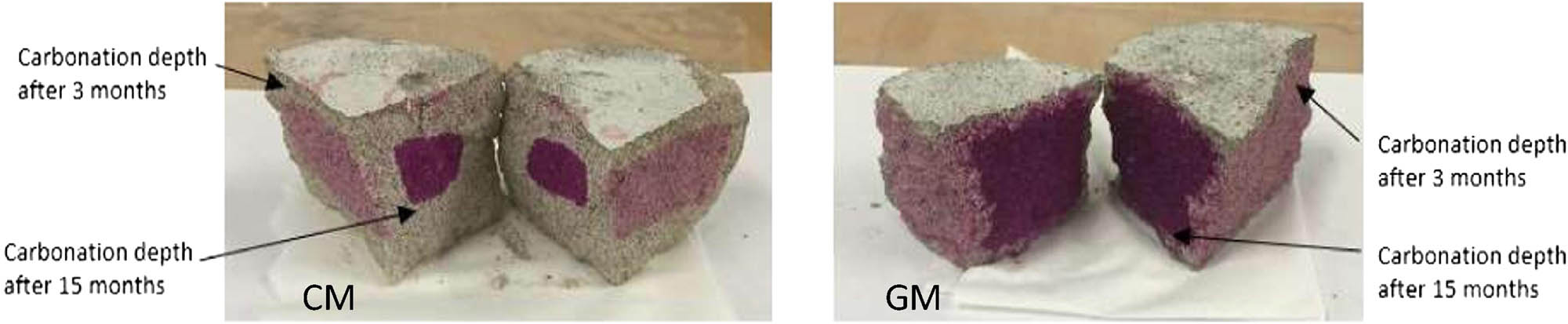 Figure 19 
                  Images for cementitious mixes after carbonation [122].
               
