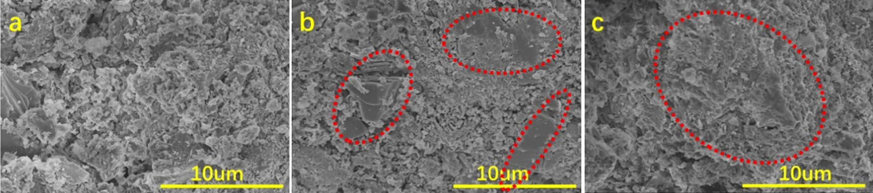 Figure 21 
                  SEM images of hydration products in cement composites at 7 days: (a) plain, (b) GO, and (c) GO–NS [136].
               