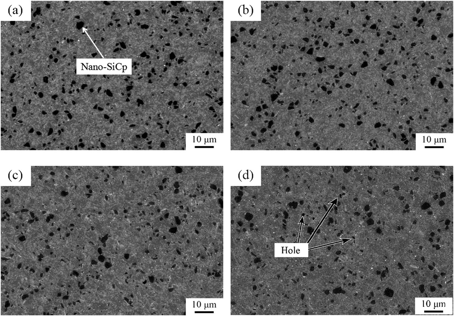 Figure 2 
                  SEM images of composites with different nano-SiCp volume fraction: (a) 1% SiCp, (b) 2% SiCp, (c) 3% SiCp, and (d) 4% SiCp.
               