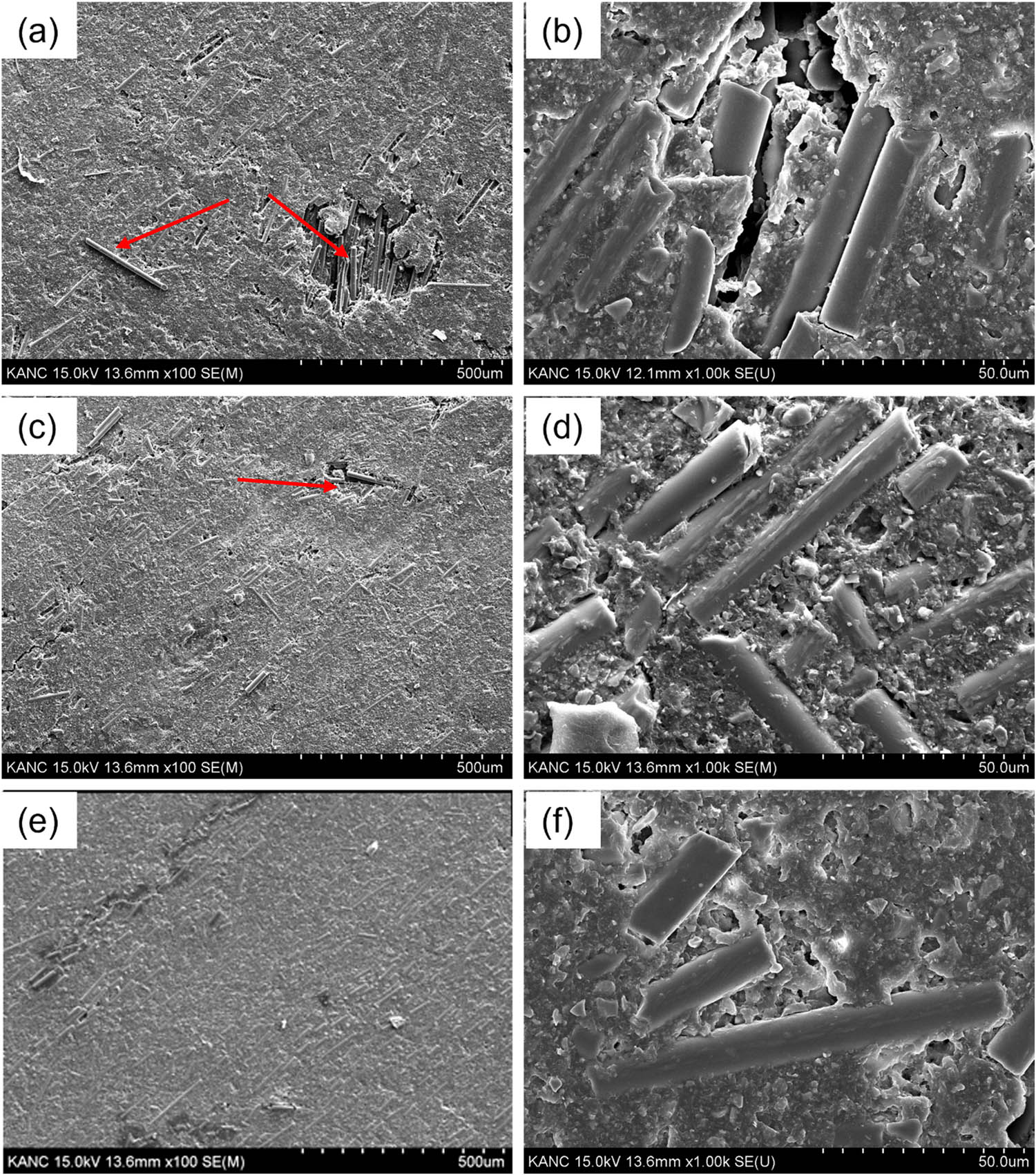 Figure 9 
               FE-SEM image of wear tracks of (a and b) basalt/epoxy, (c and d) GO + epoxy/basalt, and (e and f) rGO@Basalt/epoxy composites.
            