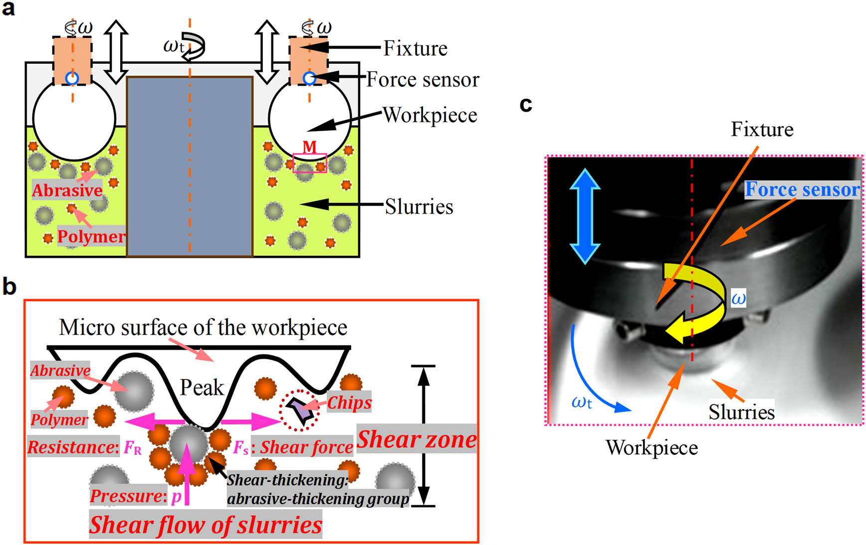 Figure 1 
                  Schematic of the ultraprecision machining process: (a) polishing system; (b) material removal principle; (c) self-developed experimental device and magnification region M of (a).
               