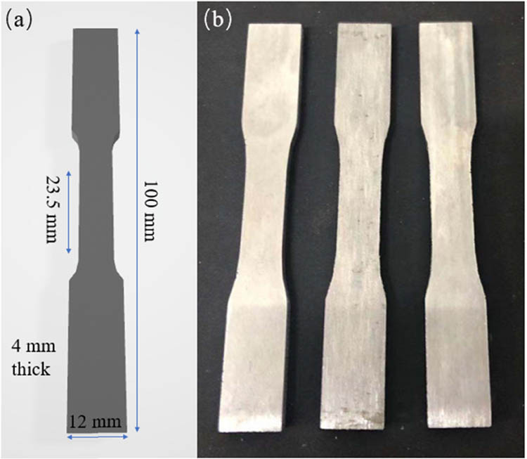Figure 6 
                  (a) CAD showing tensile bar’s dimension; (b) LPBF-produced CNTs/AlSi10Mg nanocomposites tensile samples after machining.
               