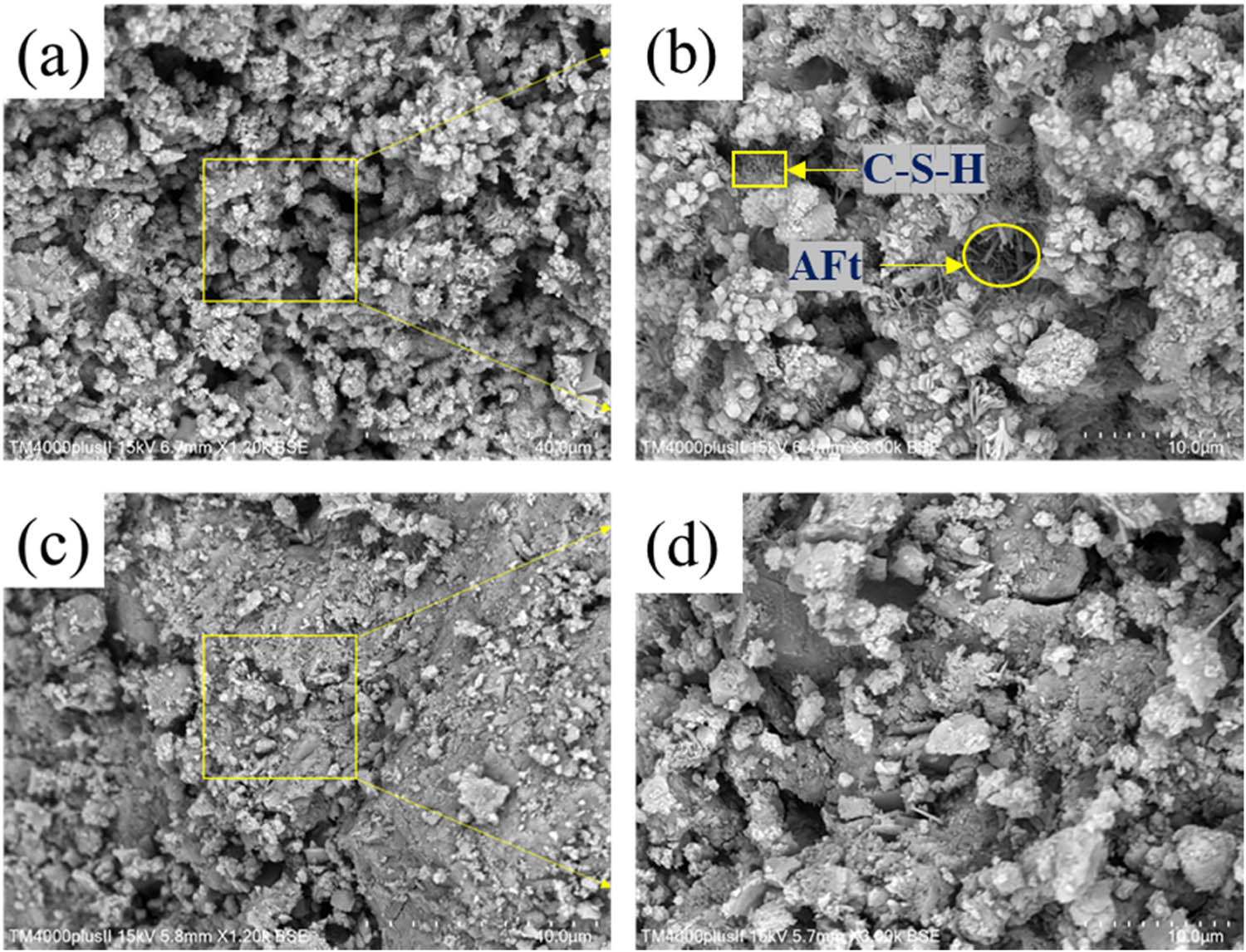 Figure 5 
                  SEM images: (a) S-0 (1 day) amplified factor 1,200; (b) S-0 (1 day) amplified factor 3,000; (c) S-0.5 (1 day) amplified factor 1,200; and (d) S-0.5 (1 day) amplified factor 3,000.
               