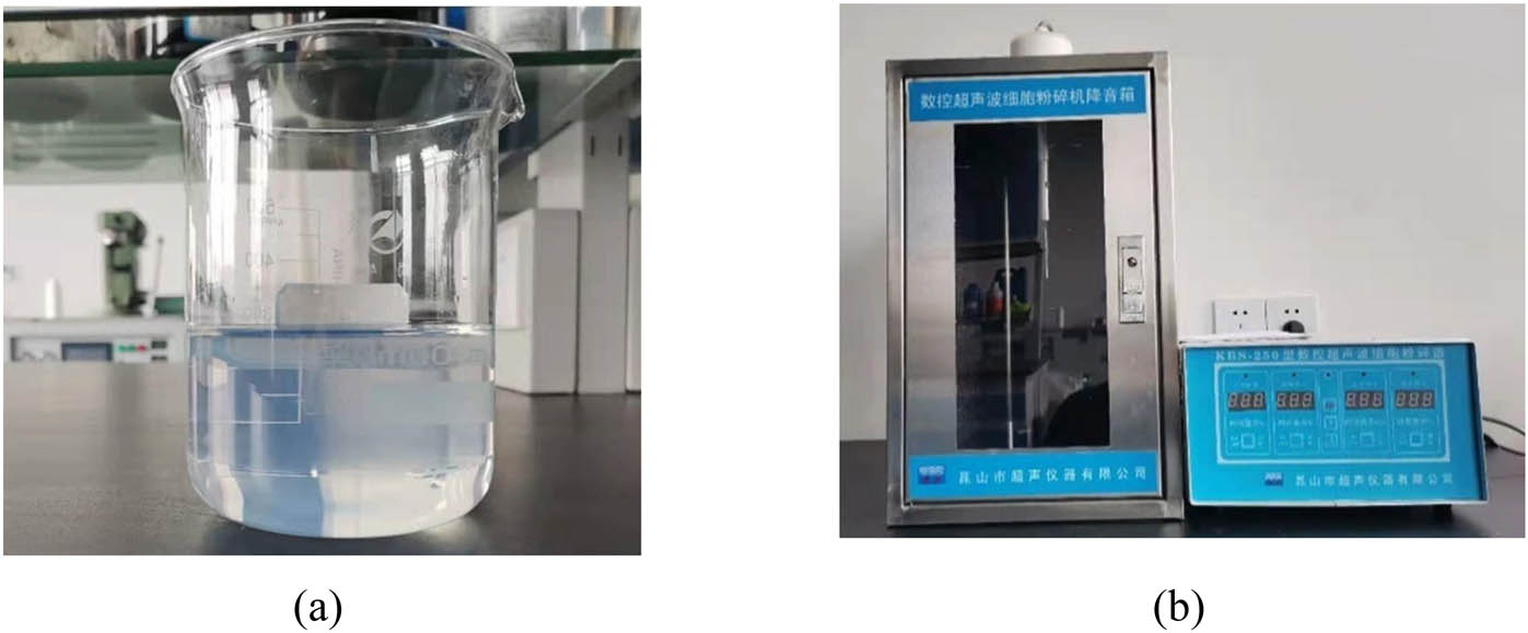 Figure 1
NS ultrasonic dispersion and ultrasonic dispersion equipment. (a) NS ultrasonic dispersion. (b) Numerical control ultrasonic Cell crusher.