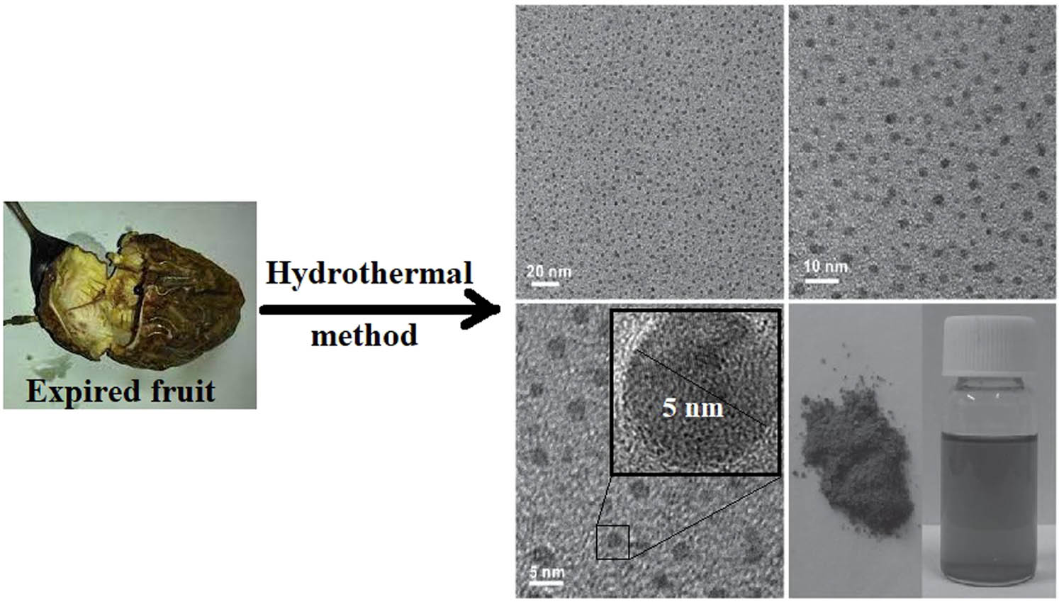 Figure 7 
                     Proposed synthesis technique for powder CQDs by the hydrothermal method and corresponding transmission electron microscopy (TEM) images at different magnifications. Copyright © 2021, Springer Publishing Group [399].
                  