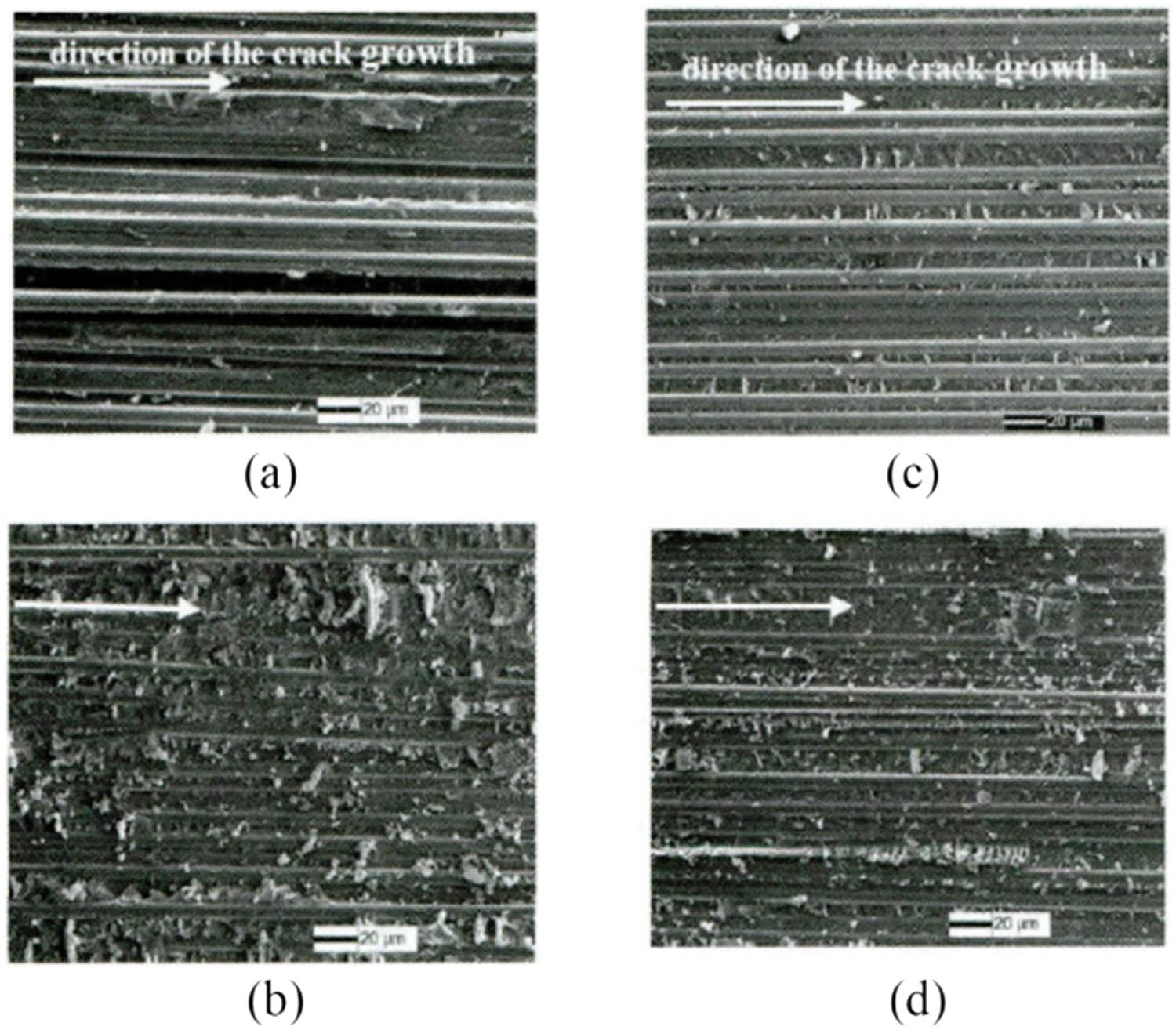 Figure 15 
                  Fracture morphology of CFRP laminates before and after adding CNTs random film: (1) the GIC morphology of sample with (b) and without (a) unorientation CNT films; (2) the GIIC morphology of sample with (d) and without (c) unorientation CNT films [69].
               