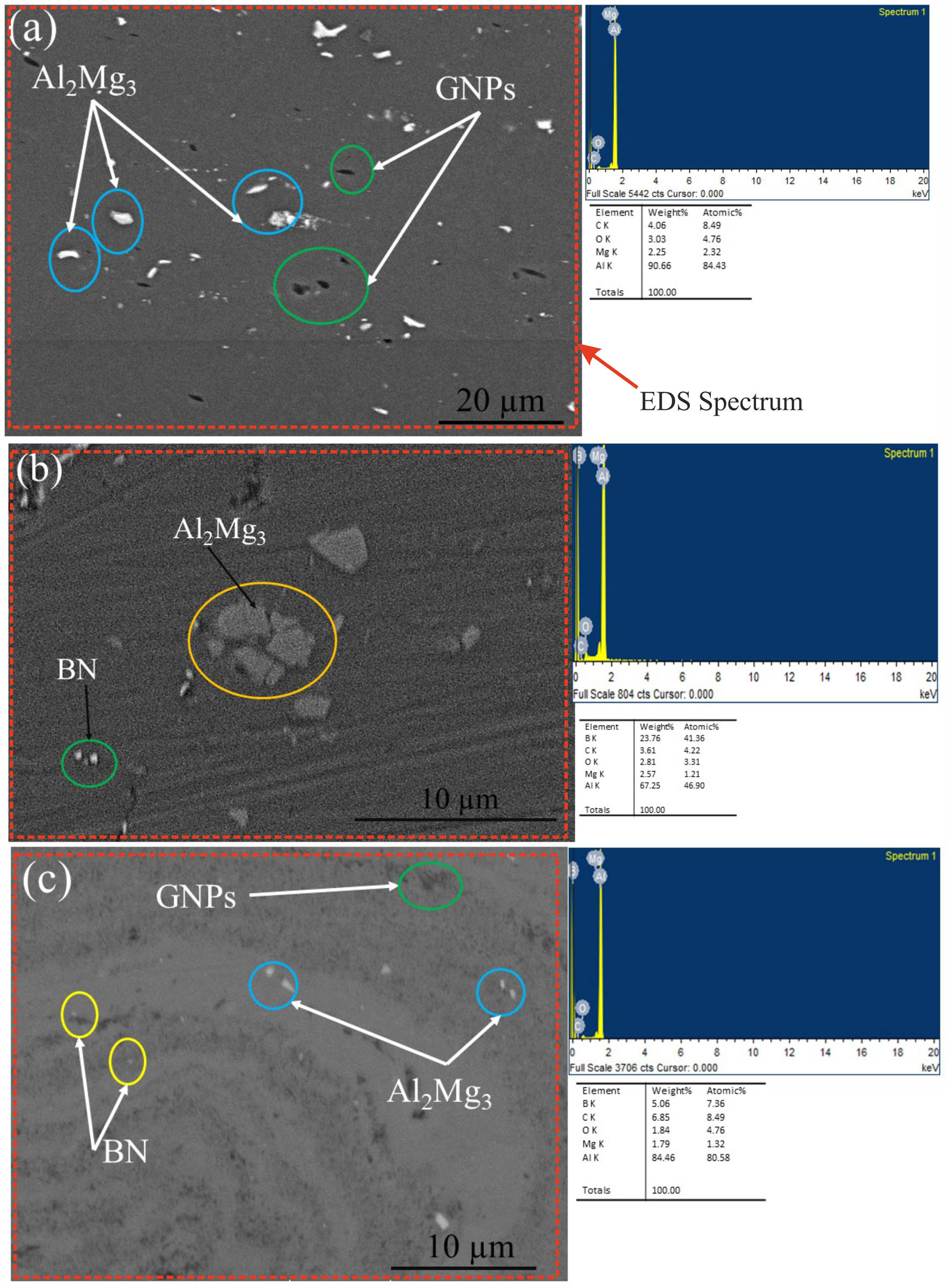 Figure 6 
                  SEM image of the fabricated nanocomposites: (a) Al 5251_GNPs, (b) Al 5251_BN, and (c) Al 5251_BN + GNPs.
               