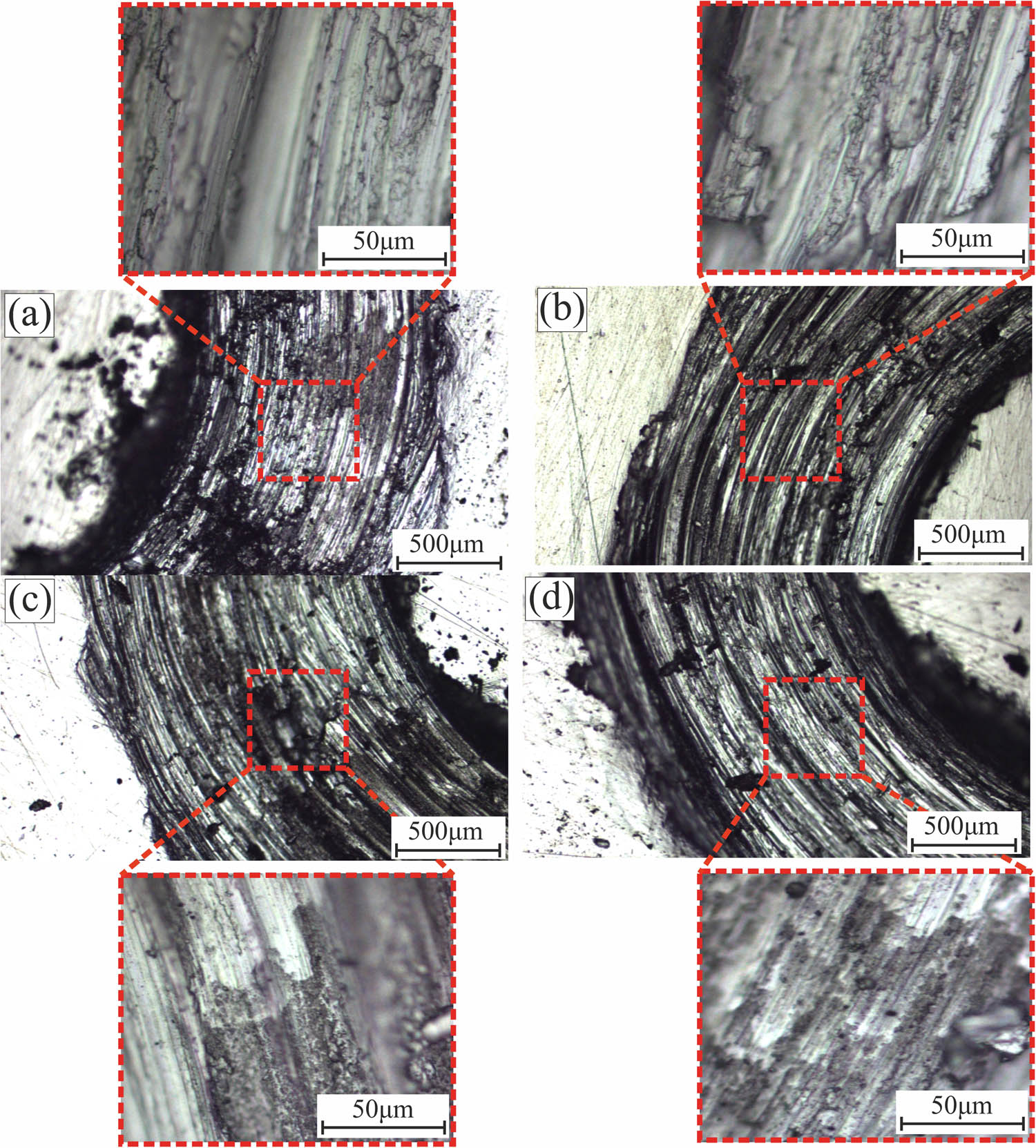 Figure 11 
                  Microscopy image of the worn tracks of the tested samples using a tribometer tester: (a) as-received Al 5251 alloy, (b) Al 5251_GNPs composite, (c) Al 5251_BN composite, and (d) Al 5251_BN + GNPs composite.
               