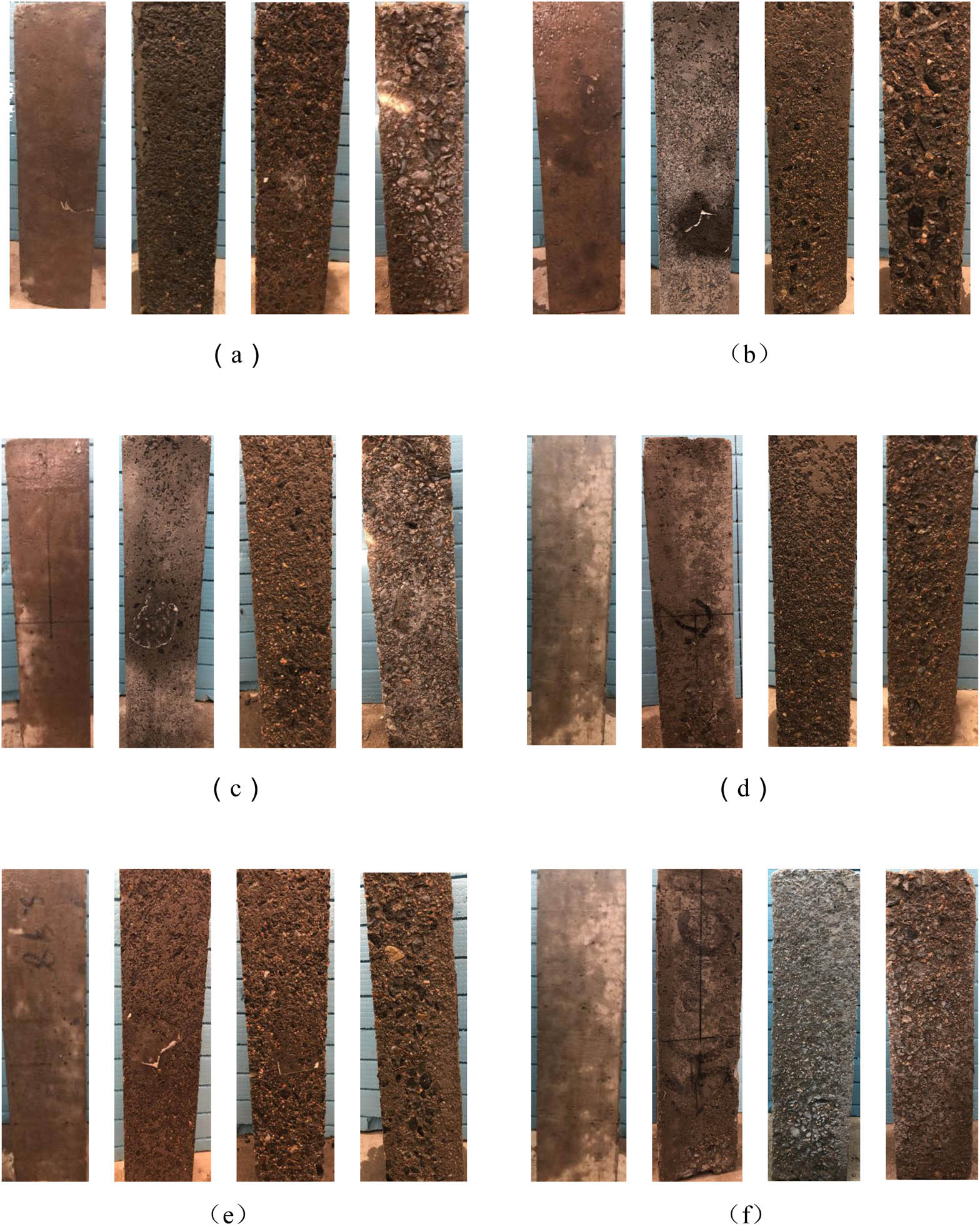 Figure 4 
                  Failure characteristics. (a) C, (b) SSC20–20, (c) SSC20–40, (d) SSC20–60, (e) SSC40–20, and (f) SSC60–20.
               