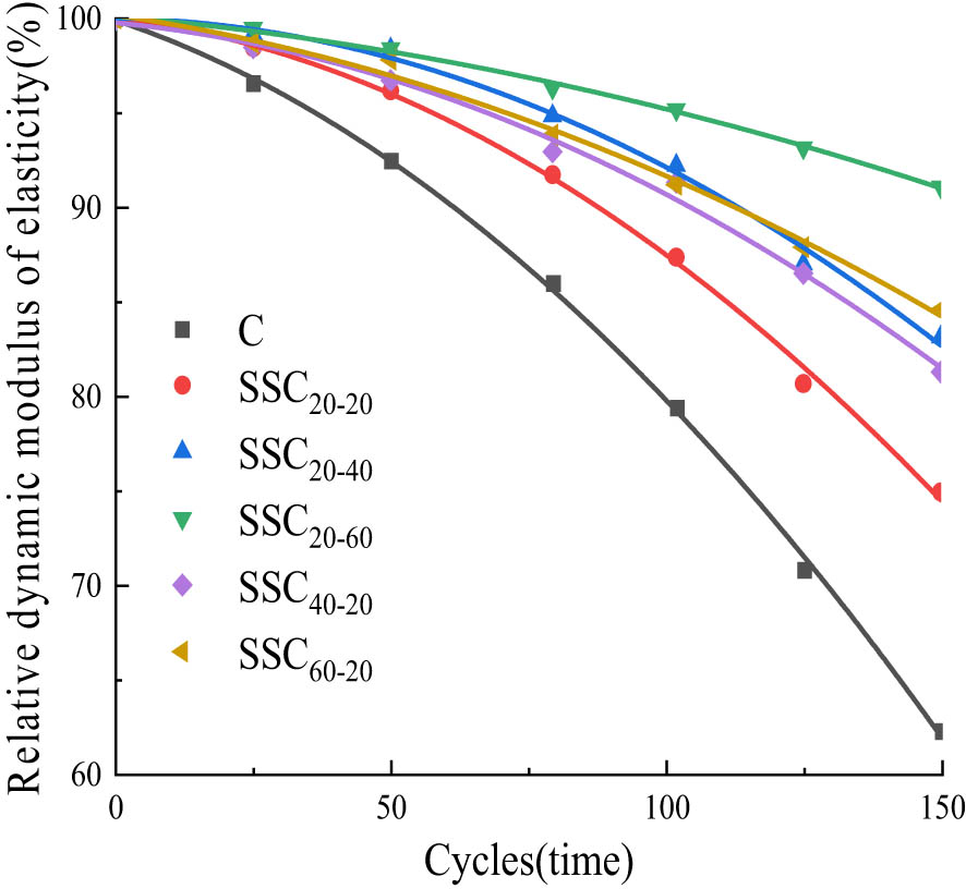 Figure 10 
                     Fitting curves of relative dynamic elastic modulus and freezing-thawing cycles.
                  