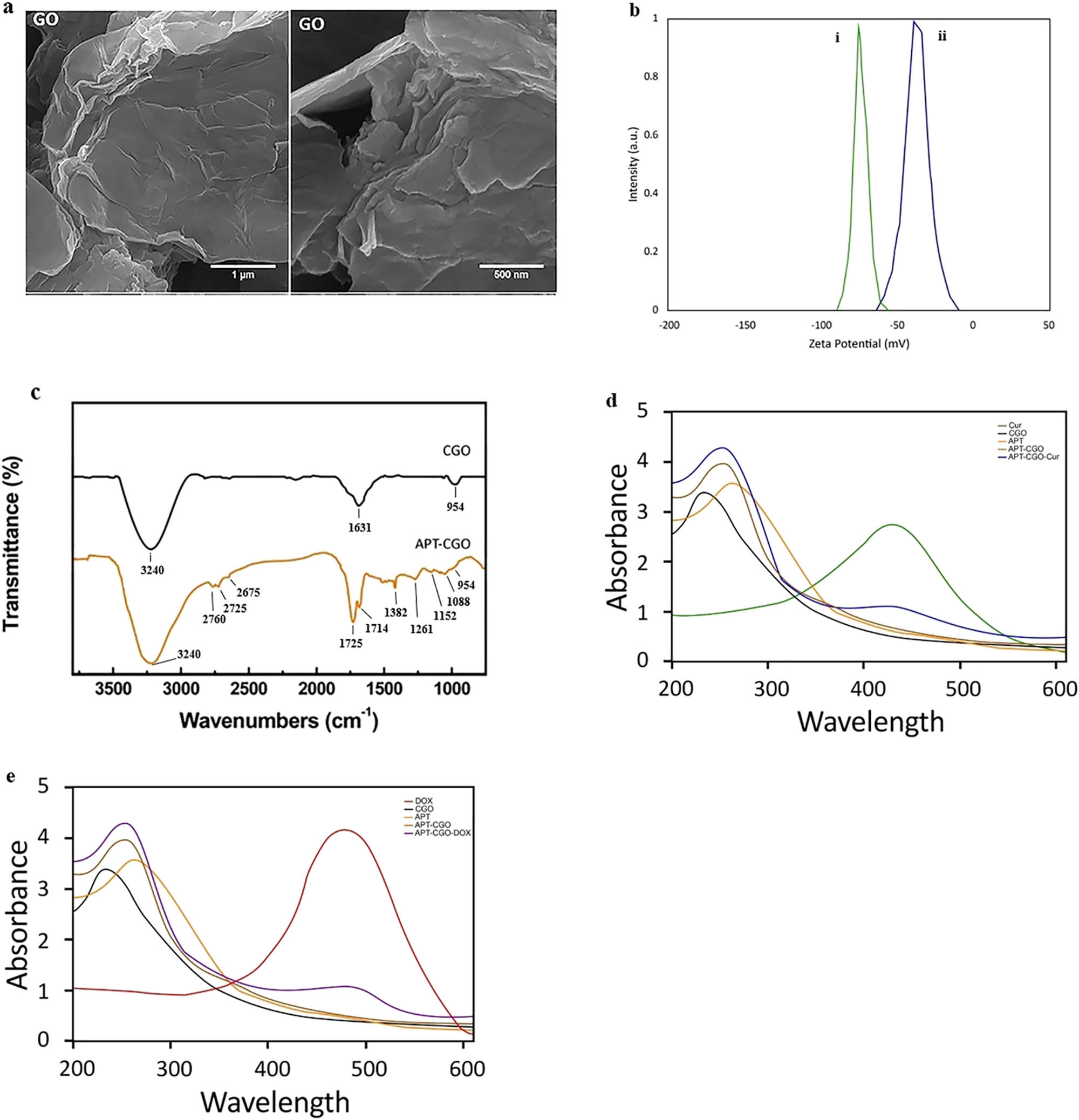 Figure 1 
                  (a) SEM images of CGO. (b) Zeta potential of CGO and APT-CGO. (c) FTIR of CGO and APT-CGO. (d) UV-Vis spectra of CUR, CGO, APT, APT-CGO, and APT-CGO-CUR. (e) UV-Vis spectra of DOX, CGO, APT, APT-CGO, and APT-CGO-DOX.
               