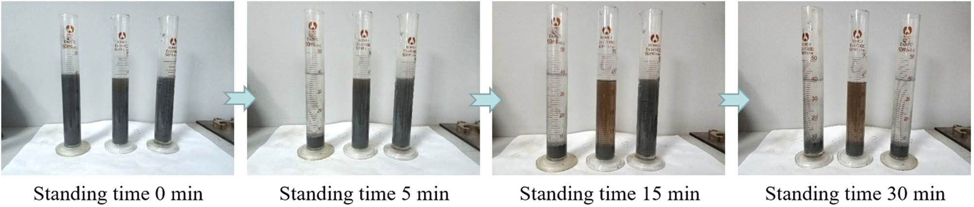 Figure 5 
                     Suspension standing phenomenon (from left to right: GO/KT composites, GO/T composites, and KT).
                  