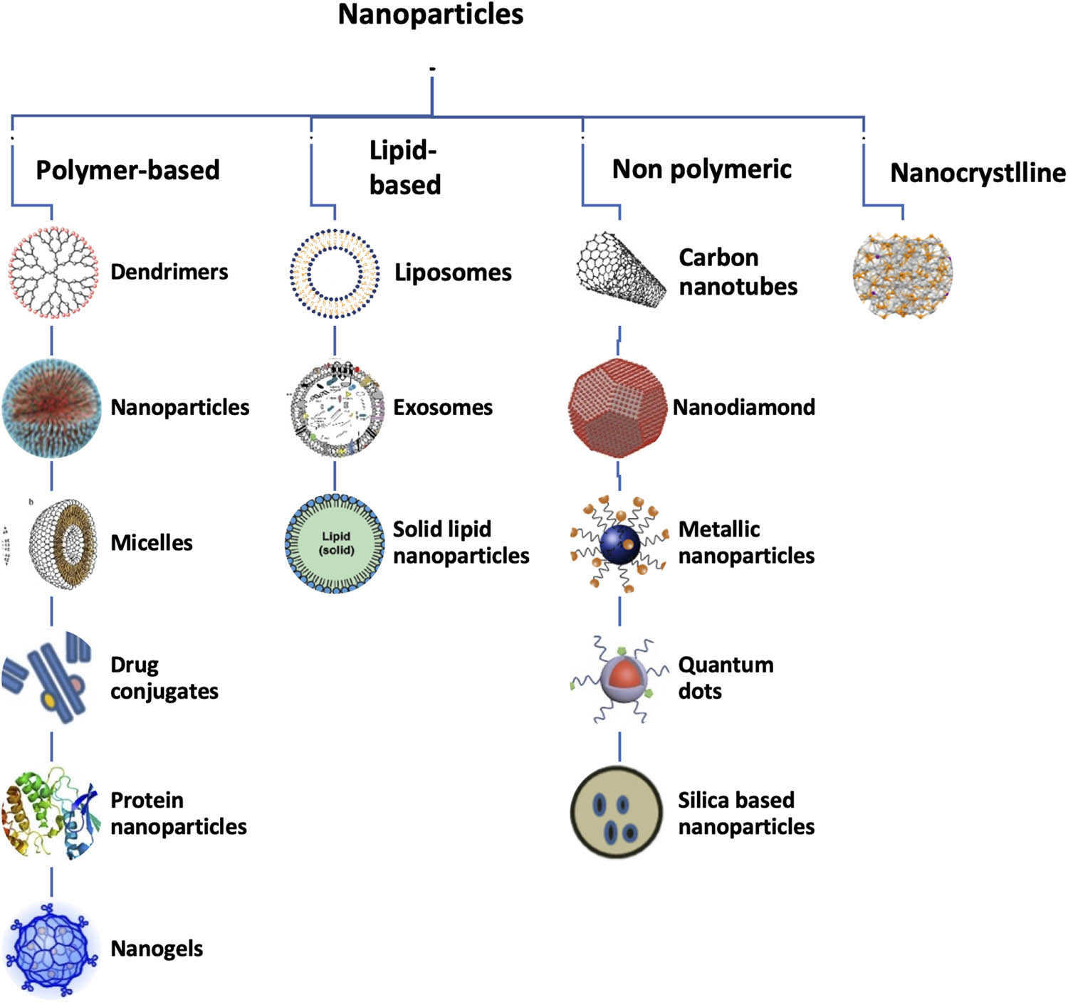 Figure 1 
               Schematic diagram representing the different types of nanoparticles due to varying types of formulations.
            