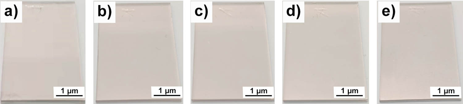 Figure 1 
                  Optical pictures of CSG and NBs@CSG sheets: (a) CSG original sample; etched-CSG after etching for different time: (b) 1 h, (c) 2 h, (d) 3 h, and (e) 4 h.
               