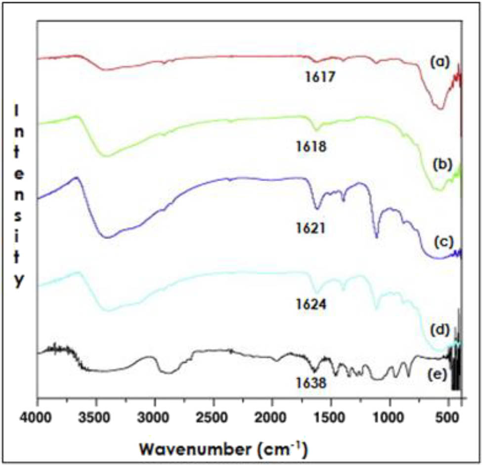 Figure 5 
               FTIR spectra of (a) Fe3O4, (b) PEG(1 g)/Fe3O4, (c) PEG(2 g)/Fe3O4, (d) PEG(3 g)/Fe3O4, and (e) PEG [133].
            