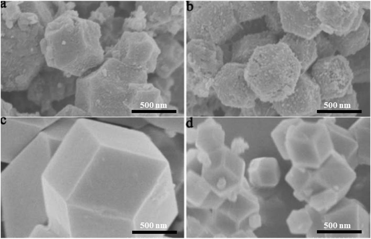 Figure 1 
               SEM images of (a) ZIF-67, (b) S-ZIF-67, (c) CoSe/C–NS, and (d) CoSe/C–N.
            