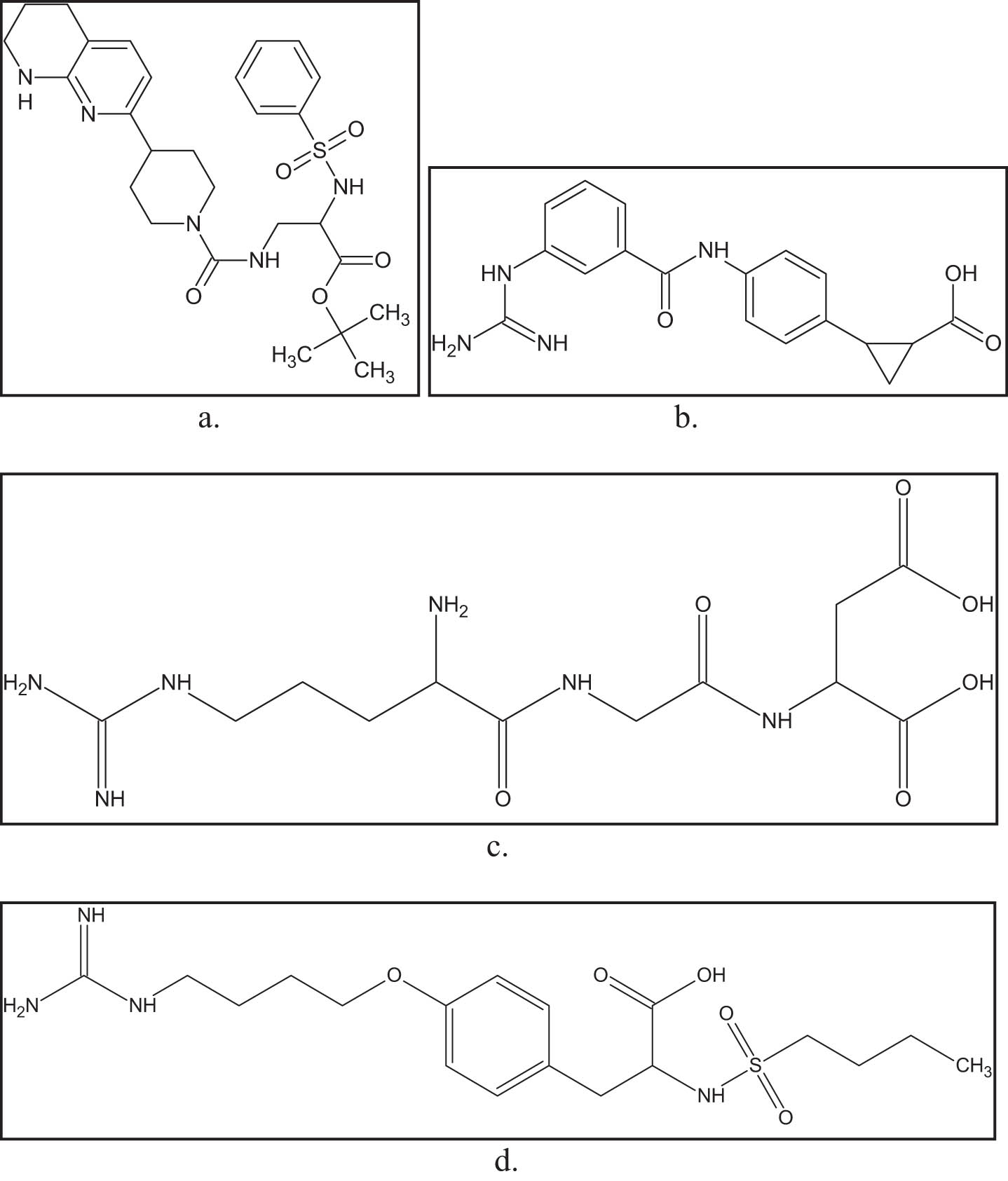 Figure 4 
               Major ανβ3 antagonists; (a) Merck & Co, patent WO 9818461-A1: 4-(δ-6,7,8-tetrahydro-[l,8]naphthyridin-2-yl)piperidin-l-yl-carbonyl-2-(S)-phenylsulfonylamino-β-alanine-t-butylester; (b) searle, patent WO 9736858-A1: 2-[3-[[[[3-[(amino-imino methyl)-amino]phenyl] carbonyl]-amino] methyl] phenyl]-cyclopropane carboxylic acid (trifluoro acetate salt); (c) Merck KGaA, patent DE 19548709-A: 2(S)-2-[[2-[[(2S)-2-amino-5-(diamino methylidene amino)]amino]acetyl]amino] butanedioic acid; (d) (S)-2-butylsulfonamido-3-[4-(3-aminopropoxy) phenyl]-propionic acid.
            