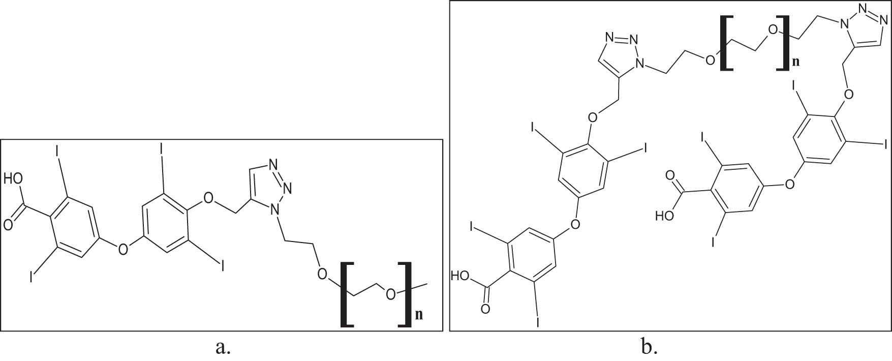 Figure 8 
               Chemical structures of PEG (polyethylene glycol) conjugated Tetrac: (a) PEG-conjugated one Tetrac unit conjoined through single triazole unit (PEG-triazole-Tetrac, P-mono-TAT); (b) two Tetrac units) conjoined through distantly placed two triazole structures (Tetrac-triazole-PEG-triazole-Tetrac [P-bi-TAT]); n means the average number of repeating oxy ethylene units (90) of the polymer PEG, PEG AV MW 4,000 amu.
            