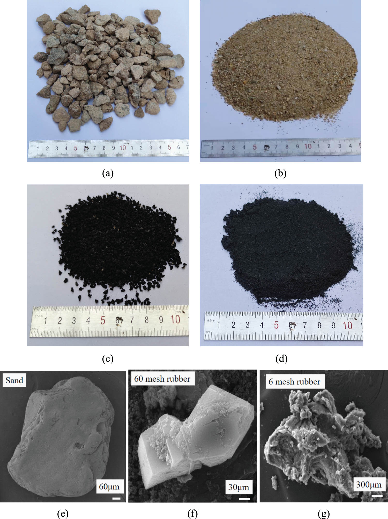 Figure 2 
                  Aggregates used and their micromorphology as revealed by SEM. (a) RCA, (b) river sand (c) 6 mesh rubber, (d) 60 mesh rubber, (e) SEM of sand, (f) SEM of 60 mesh rubber, and (g) SEM of 6 mesh rubber.
               