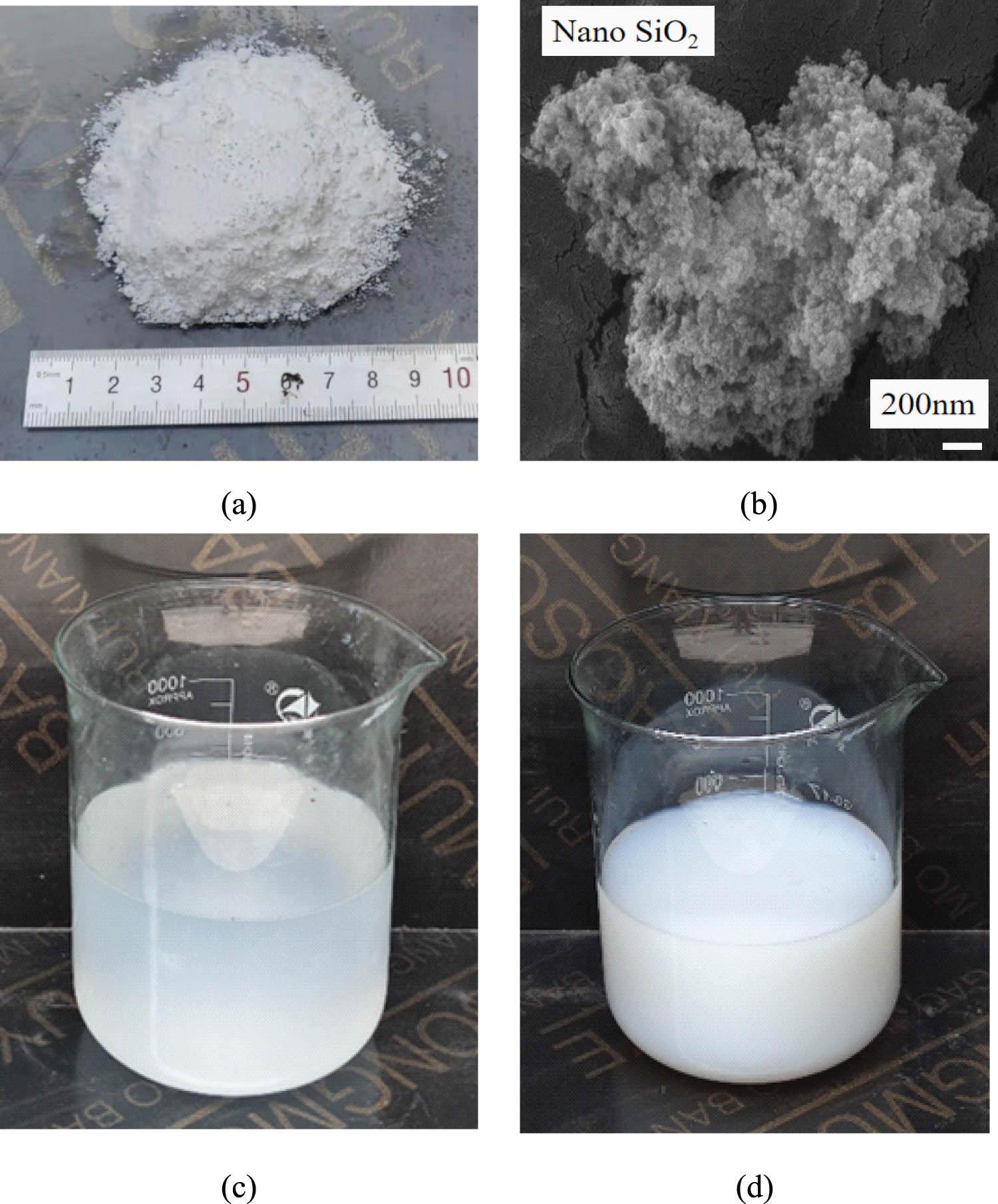 Figure 3 
                  Nanomaterials used and SEM of NS powder. (a) NS powder, (b) SEM of NS powder, (c) NS solution, and (d) NS sol–gel.
               
