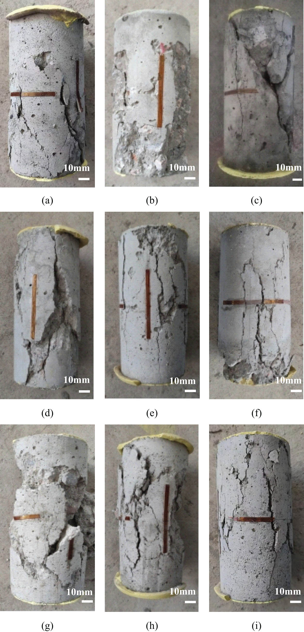 Figure 20 
                     Failure patterns of RRAC. (a) 0.3–5%-6-RM, (b) 0.3–10%-60-AM, (c) 0.3–15%-M-RM + AM, (d) 0.4–5%-60-RM + AM, (e) 0.4–10%-M-RM, (f) 0.4–15%-6-AM, (g) 0.5–5%-M-AM, (h) 0.5–10%-6-RM + AM, and (i) 0.5–15%-60-RM.
                  