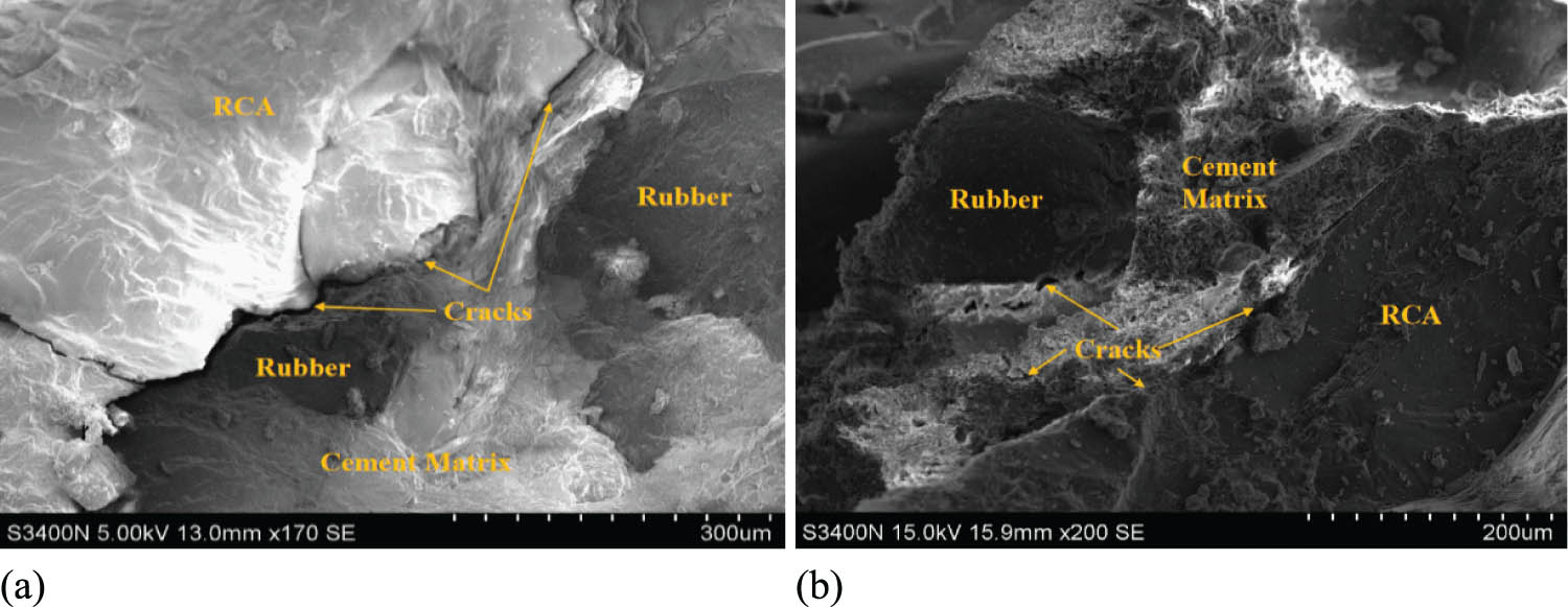 Figure 23 
                     Microstructures of RRAC with simultaneous RCA modification and rubber modification treatments (a and b).
                  
