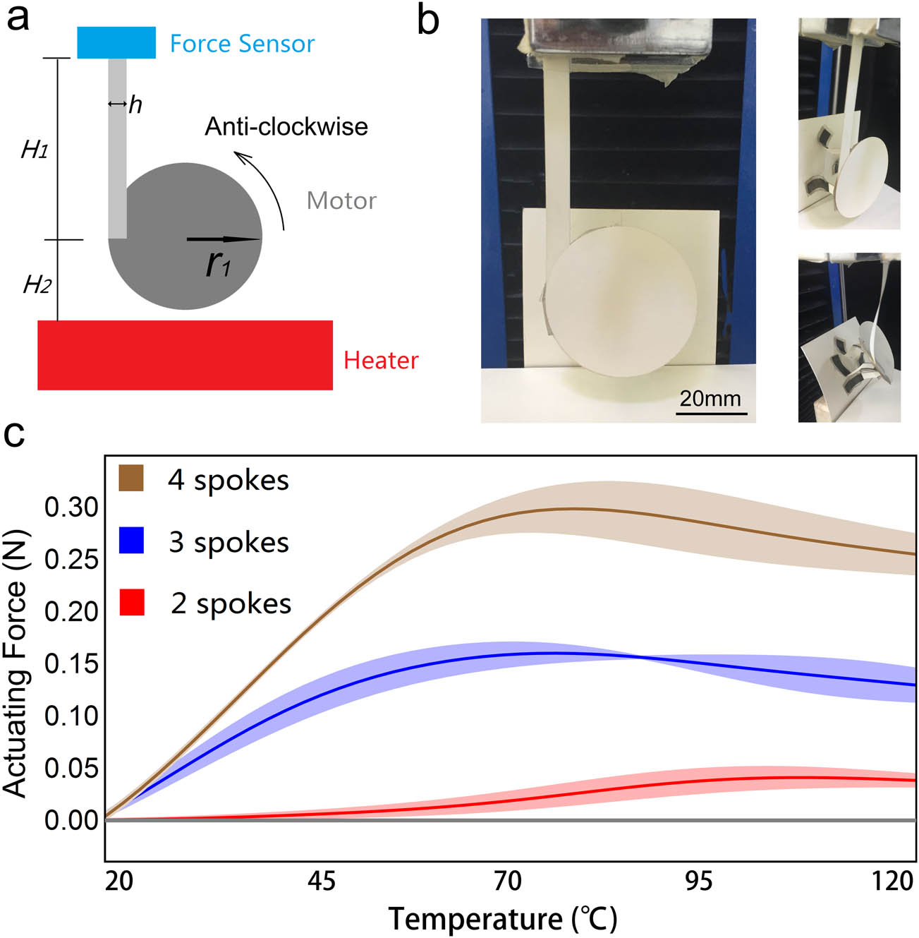 Figure 4 
                  (a) Experimental scheme to measure the actuating forces of the heat-driven motors, where 
                        
                           
                           
                              
                                 
                                    H
                                 
                                 
                                    1
                                 
                              
                              =
                              63
                              
                              mm
                           
                           {H}_{1}=63\hspace{.5em}\text{mm}
                        
                     , 
                        
                           
                           
                              
                                 
                                    H
                                 
                                 
                                    2
                                 
                              
                              =
                              22
                              
                              mm
                           
                           {H}_{2}=22\hspace{.5em}\text{mm}
                        
                     , 
                        
                           
                           
                              h
                              =
                              6
                              
                              mm
                           
                           h=6\hspace{.5em}\text{mm}
                        
                     , and 
                        
                           
                           
                              
                                 
                                    r
                                 
                                 
                                    1
                                 
                              
                              =
                              20
                              
                              mm
                           
                           {r}_{1}=20\hspace{.5em}\text{mm}
                        
                     . (b) Experimental photographs. (c) Actuating force as a function of temperature with two (red), three (blue), and four (brown) spokes. The size of each spoke is 
                        
                           
                           
                              6
                              
                              mm
                              ×
                              25
                              
                              mm
                           
                           6\hspace{.5em}\text{mm}\times 25\hspace{.5em}\text{mm}
                        
                     . For each experimental result with an individual color, the central curve shows the average of three measurements, and the region contains the measured errors.
               