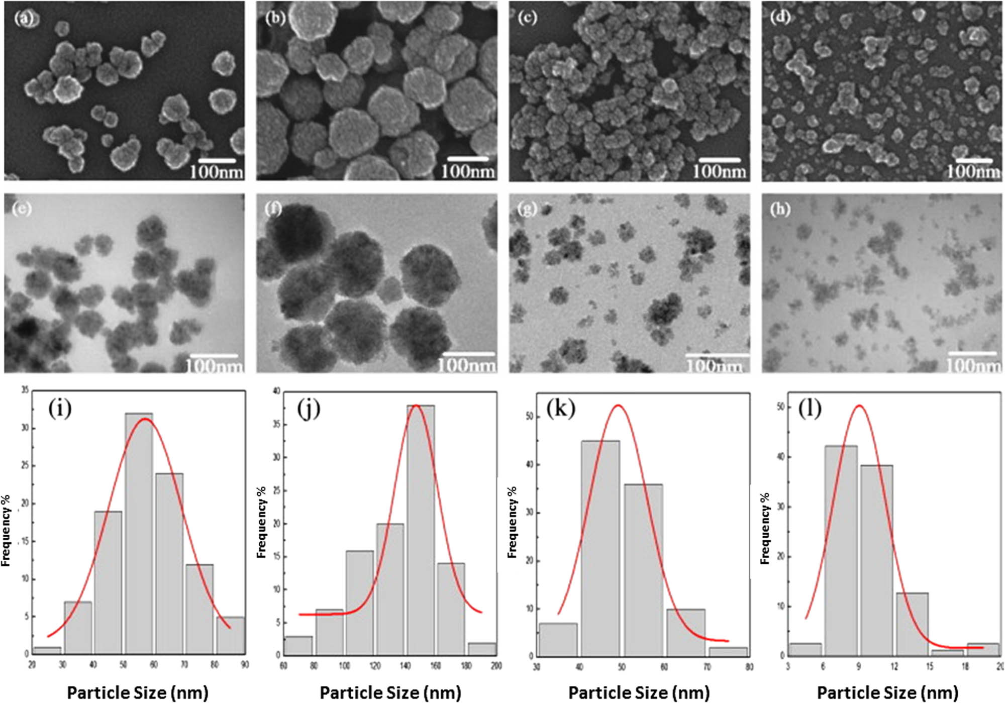 Figure 5 
                  SEM and TEM images and the corresponding particle size distribution obtained from SEM images of samples 1, 2, 3, and 4 represented as (a, e, i), (b, f, j), (c, g, k) and (d, h, l), respectively. Adapted from ref. [75] with permission from Elsevier™.
               