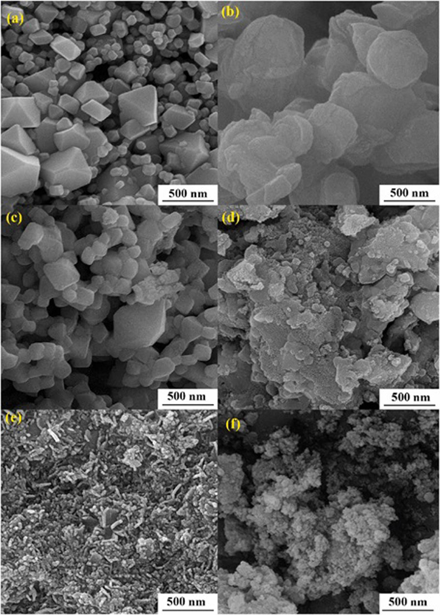 Figure 18 
               SEM images of cobalt ferrite NPs: (a) pure, (b) 50Ca, (c) 10HA, (d) 30HA, (e) 50HA, and (f) HA. Adapted from ref. [130] with permission from Elsevier™.
            