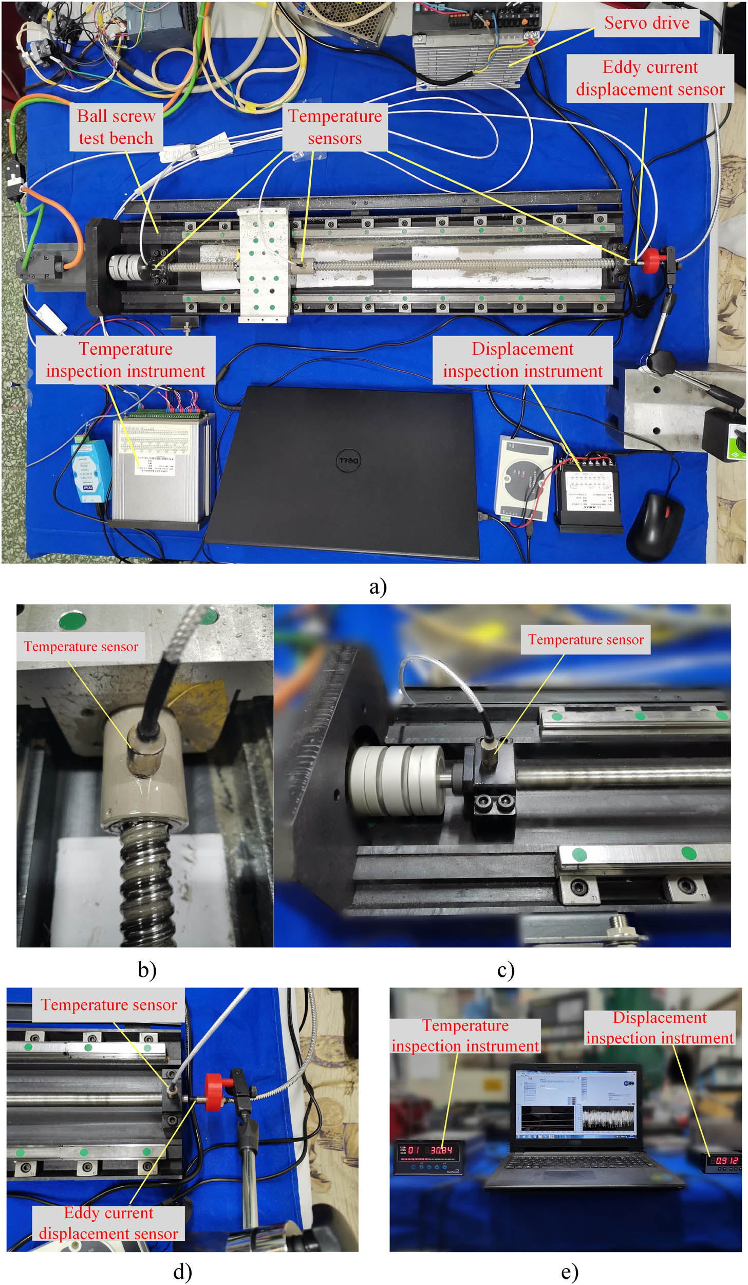 Figure 4 
                  Experimental setup. (a) High speed and precision ball screw test bench, (b) temperature sensor mounted on nut, and (c) temperature sensor mounted on bearing, (d) temperature and thermal deformation test, and (e) data acquisition system.
               