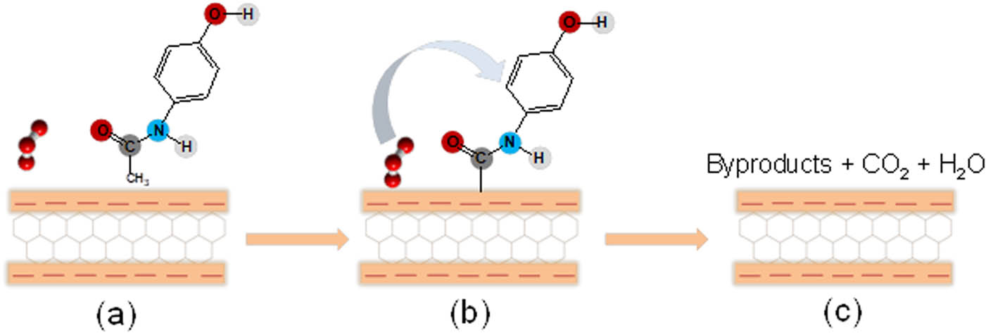Figure 3 
                  (a) Both ACT and O3 were adsorbed on the zeolite surface, (b) O3 was attacked with ACT, and (c) both O3 and ACT were oxidized.
               