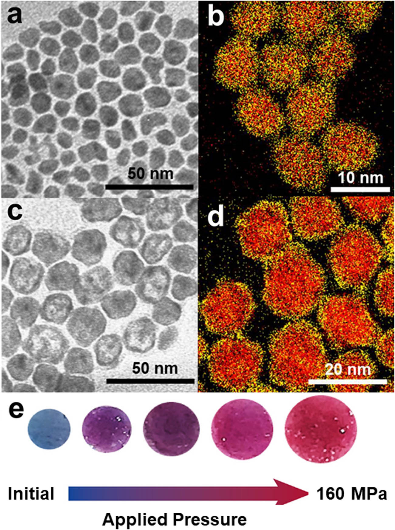 Figure 4 
                     (a–d) TEM images and elemental spectra of Co–Pt NPs prepared with different Co/Pt precursor molar ratios; (a and b) Co:Pt = 60:40 and (c and d) Co:Pt = 70:30. Reproduced with permission [120]. Copyright 2020, American Chemical Society. (e) Appearance of the films used under various pressures. Reproduced with permission [123]. Copyright 2019, Elsevier.
                  