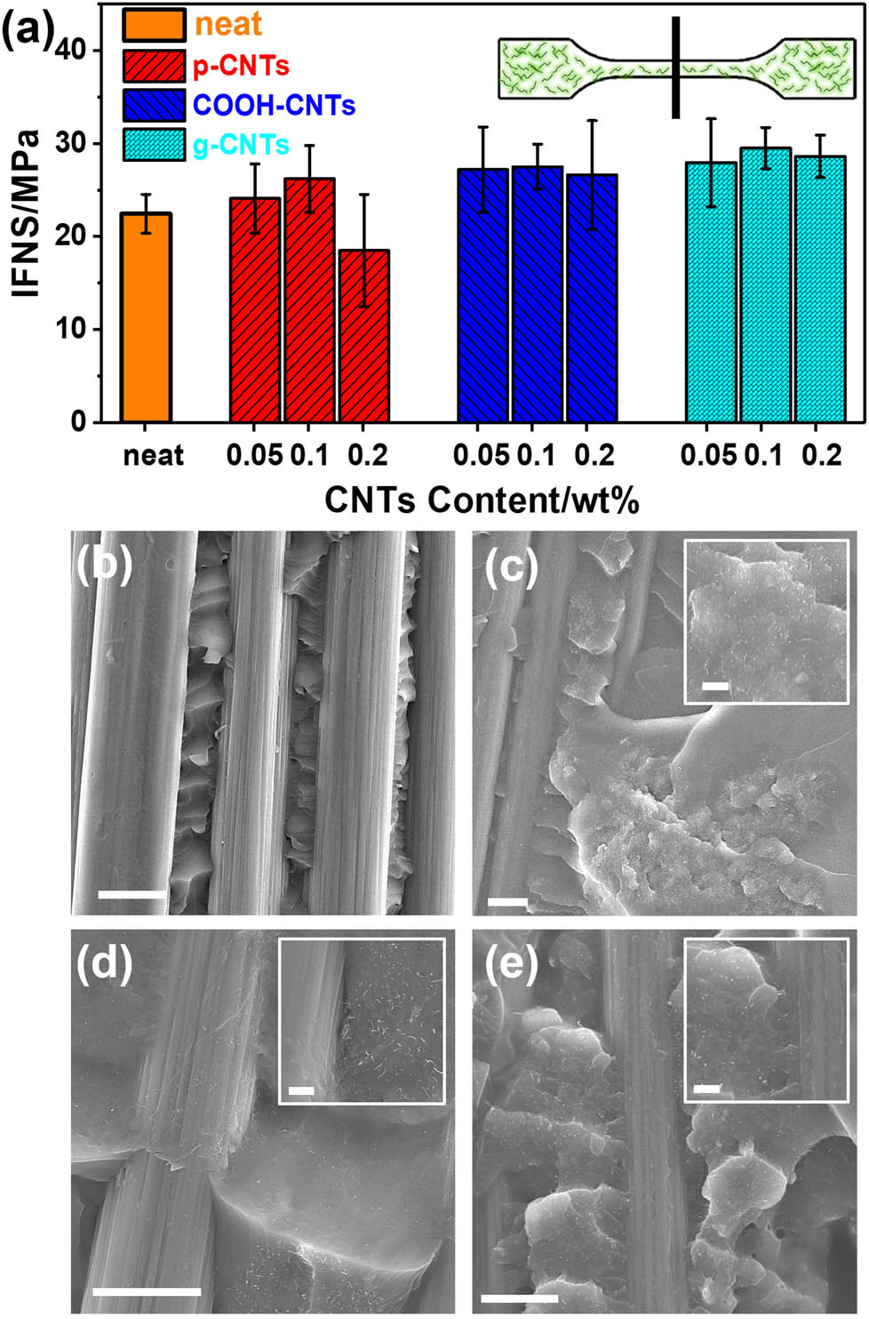 Figure 5 
                  IFNS of matrix enhancement specimen with different nanofiller loadings (a) and SEM images of neat (b), p-CNTs (c), C-CNTs (d), and g-CNTs (e) treated TFBT sample with the loading of 0.1 wt%. The scale bars of main and insert images are 5 and 1 µm, respectively.
               
