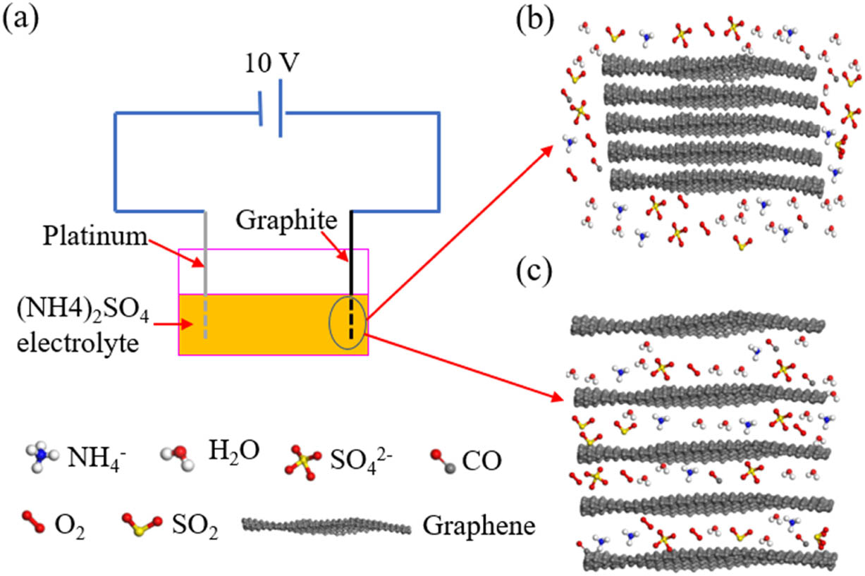 Figure 2 
                  Electrochemical exfoliation of graphene in (NH4)2SO4 aqueous solution. (a) The bias voltage is applied on the graphite electrodes in the (NH4)2SO4 aqueous solution. (b) The attack of ions results in the expansion of graphite on the edge and boundary, which allows 
                        
                           
                           
                              
                                 
                                    SO
                                 
                                 
                                    4
                                 
                                 
                                    2
                                    −
                                 
                              
                           
                           {\text{SO}}_{4}^{2-}
                        
                      anions, water molecules, and gas to penetrate into the adjacent layer in graphite. (c) The penetration of ions, water molecules, and gas in graphite overcomes van der Waals interaction between interlayers of graphite, which yields graphene.
               