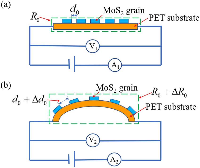 Figure 8 
                  Schematics of measuring the current–voltage curves of MoS2 film/PET composite sensor at (a) relaxed state and (b) stressed state. d
                     0 and d
                     0 + Δd
                     0 are the tunneling gap between MoS2 films at the relaxed and stressed states, respectively. R
                     0 and R
                     0 + ΔR
                     0 are the resistance of the MoS2 film/PET composite at relaxed and stressed states, respectively.
               