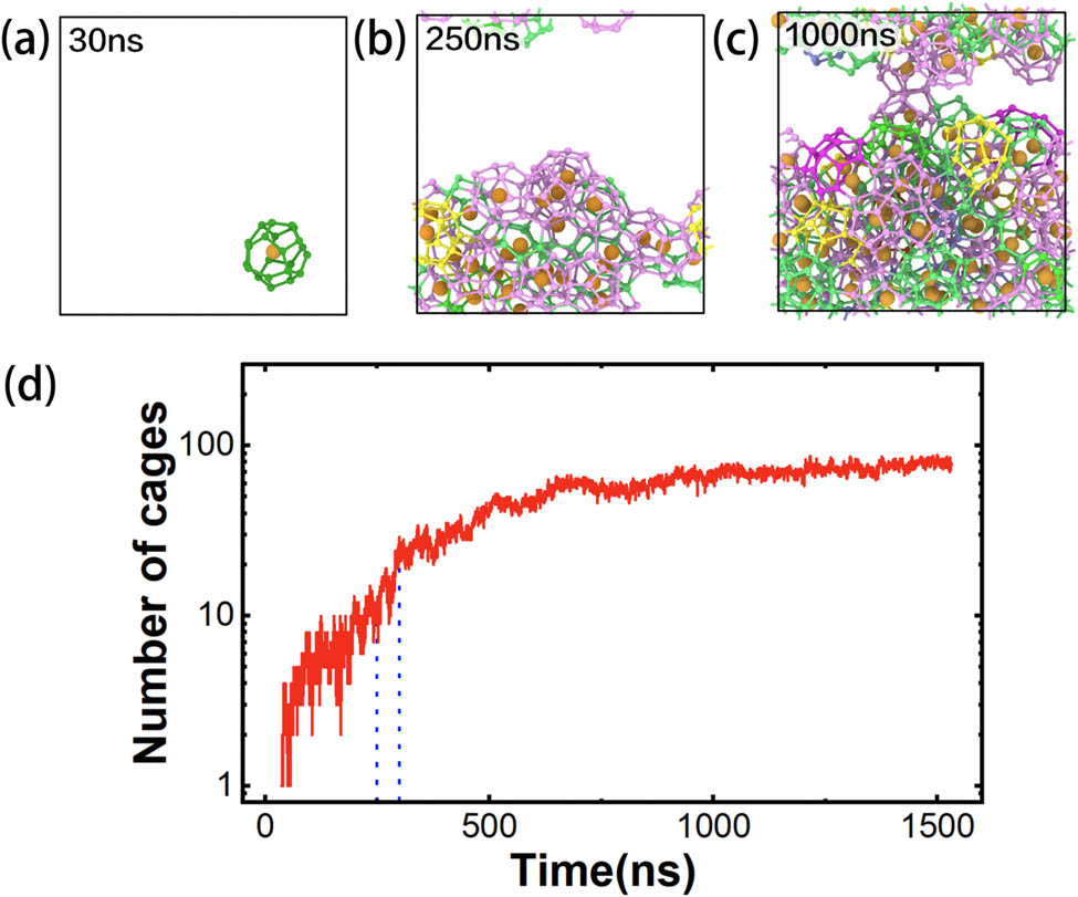 Figure 9 
                  (a)–(c) snapshots at different times during the nucleation of clathrate hydrate. The different types of cage recognized by the HTR algorithm are represented by different colors: light green, pink, Roland purple, and other colors for 512, 51262, 51264, and other types of cages, respectively. (d) Number of newly formed cages in the system along with time.
               
