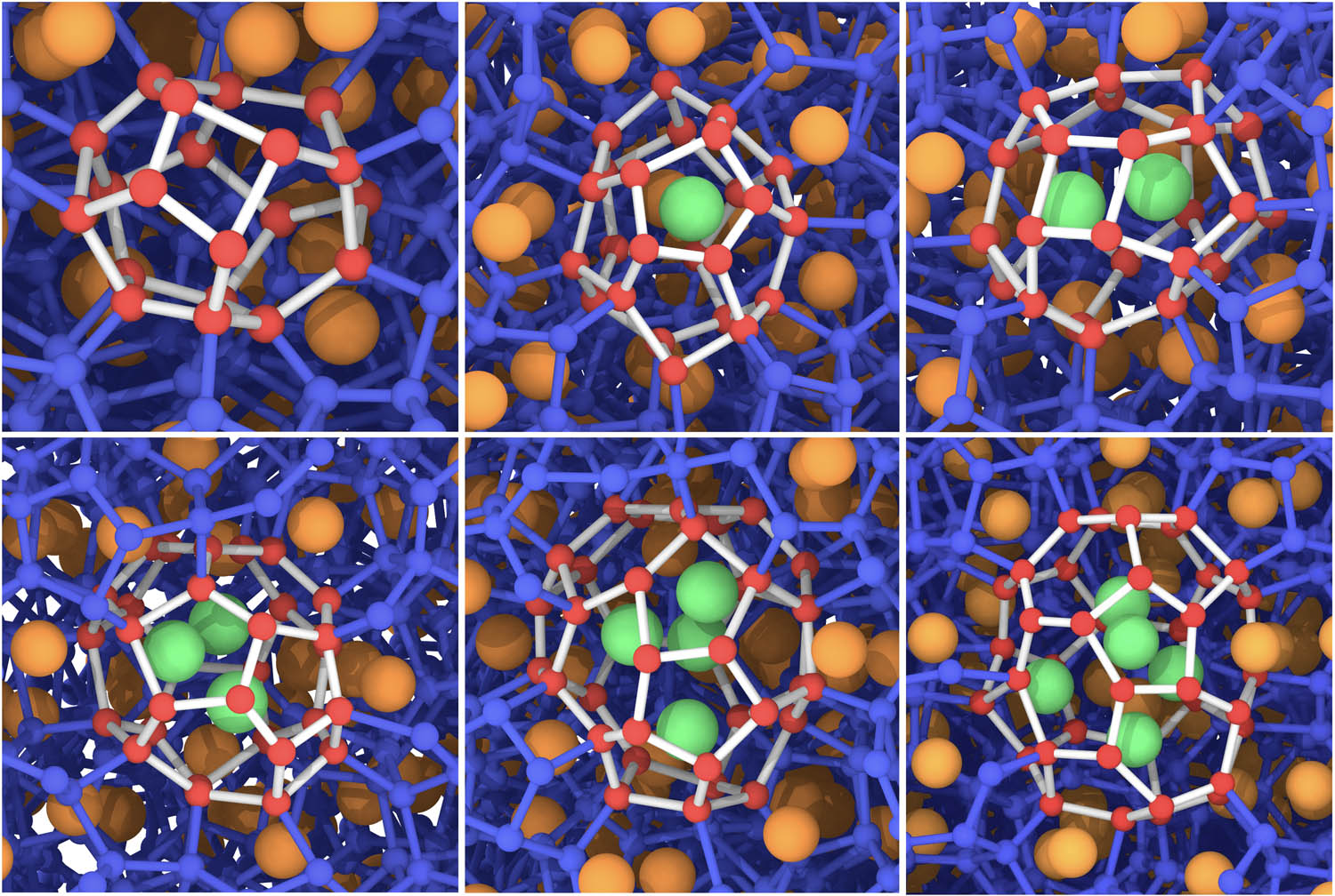 Figure 11 
                  Snapshots from empty cages to quadruple-occupied cages in clathrate hydrate systems.
               