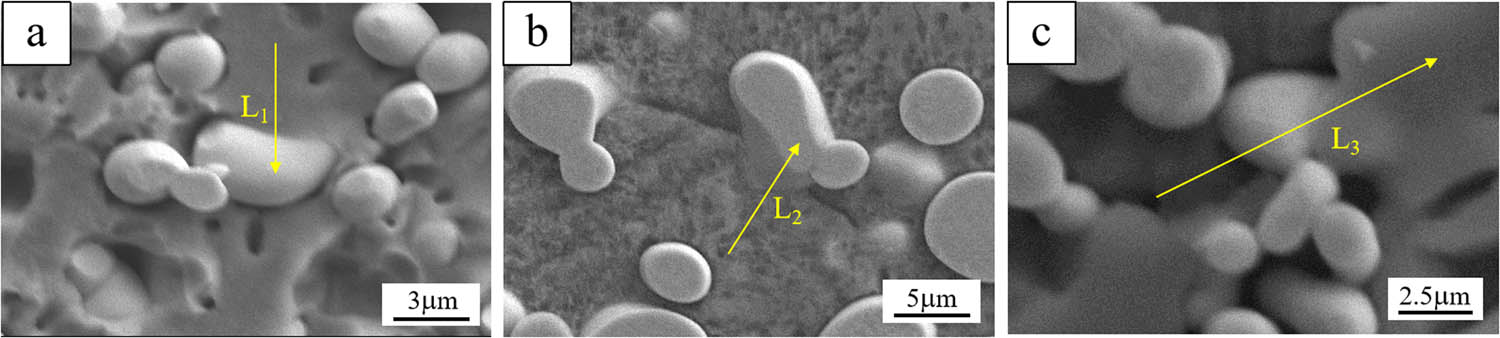 Figure 6 
                  Typical W/Cu interface in microstructures of WCu composites microalloyed with (a) Fe, (b) Ni, and (c) Mn.
               
