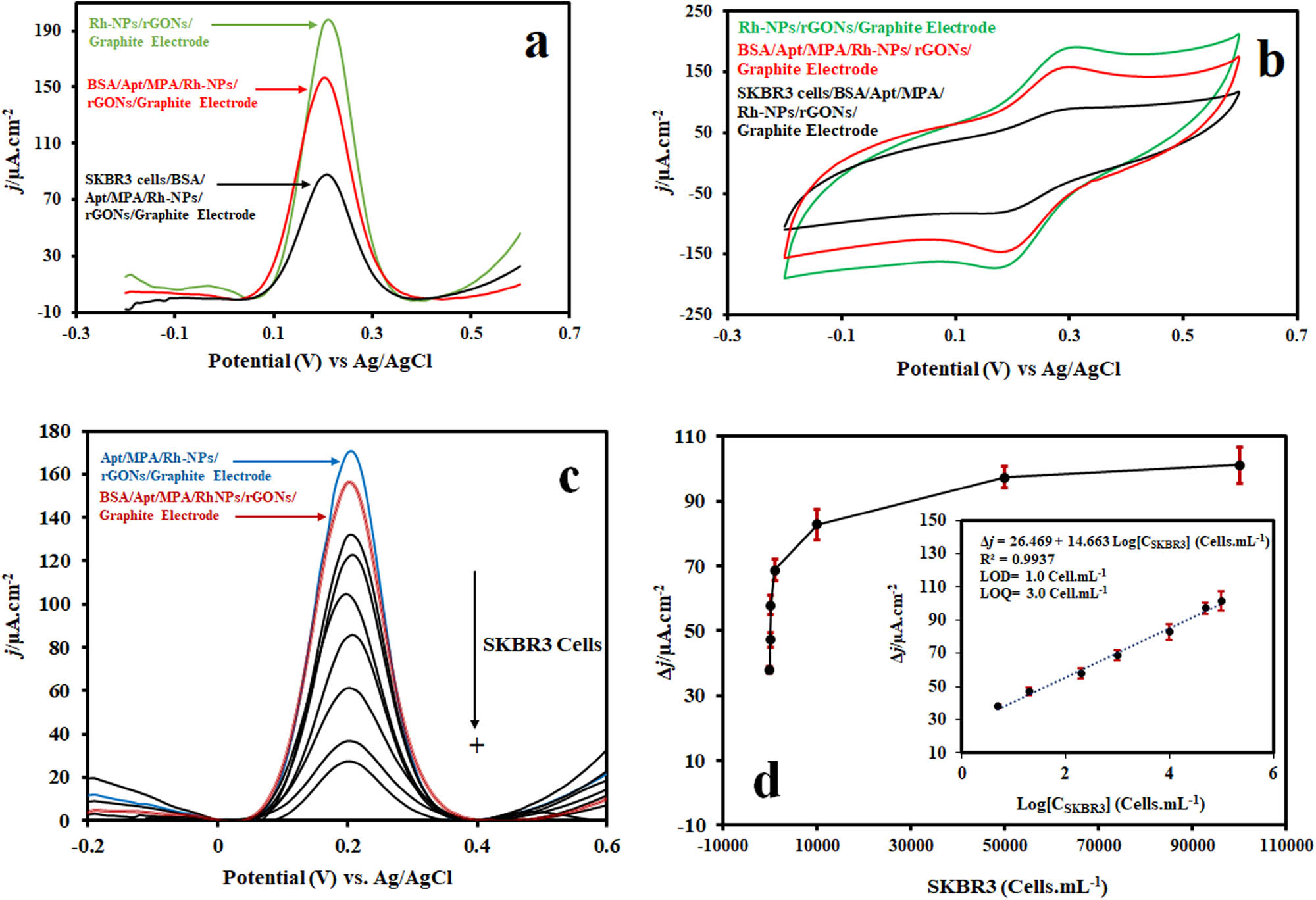 Figure 7 
                     (a) DPV graphs of modified graphite electrode in various stages (103 cells/mL of SKBR3 cells), (b) CV plots of modified graphite electrode in various stages (103 cells/mL of SKBR3 cells), (c) DPV responses of the g-aptasensor with different concentrations of SKBR3 cells (5, 20, 200, 103, 104, 5.0 × 104, 105 cells/mL), and (d) dependence of current density on concentration changes in the SKBR3 cells (inset: the linear portion of calibration curve).
                  