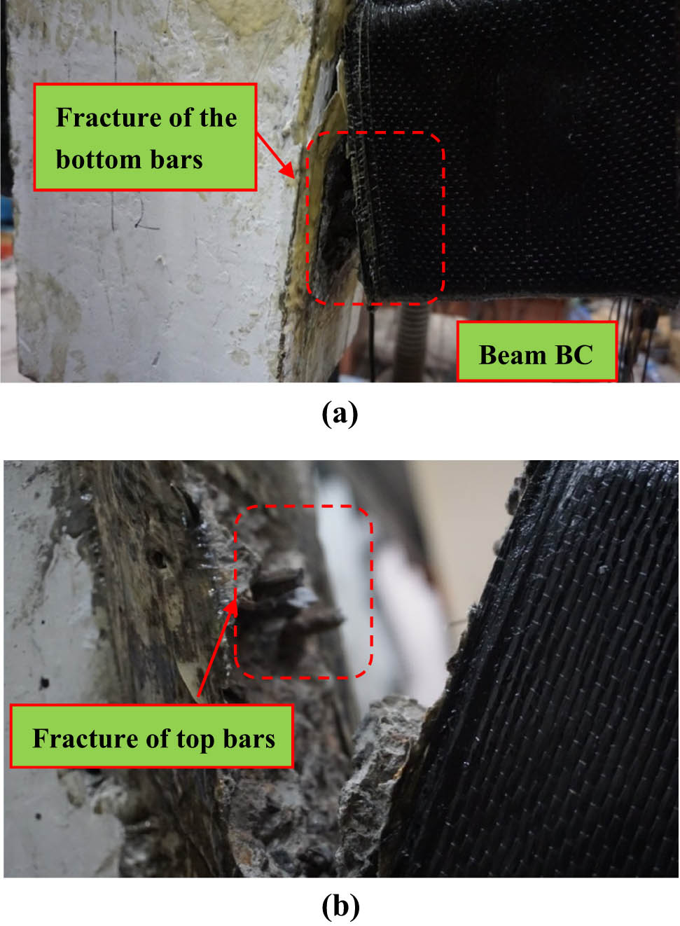 Figure 7 
                  Crack pattern and failure mode of S2: (a) at the middle joint and (b) at the beam end near column A.
               