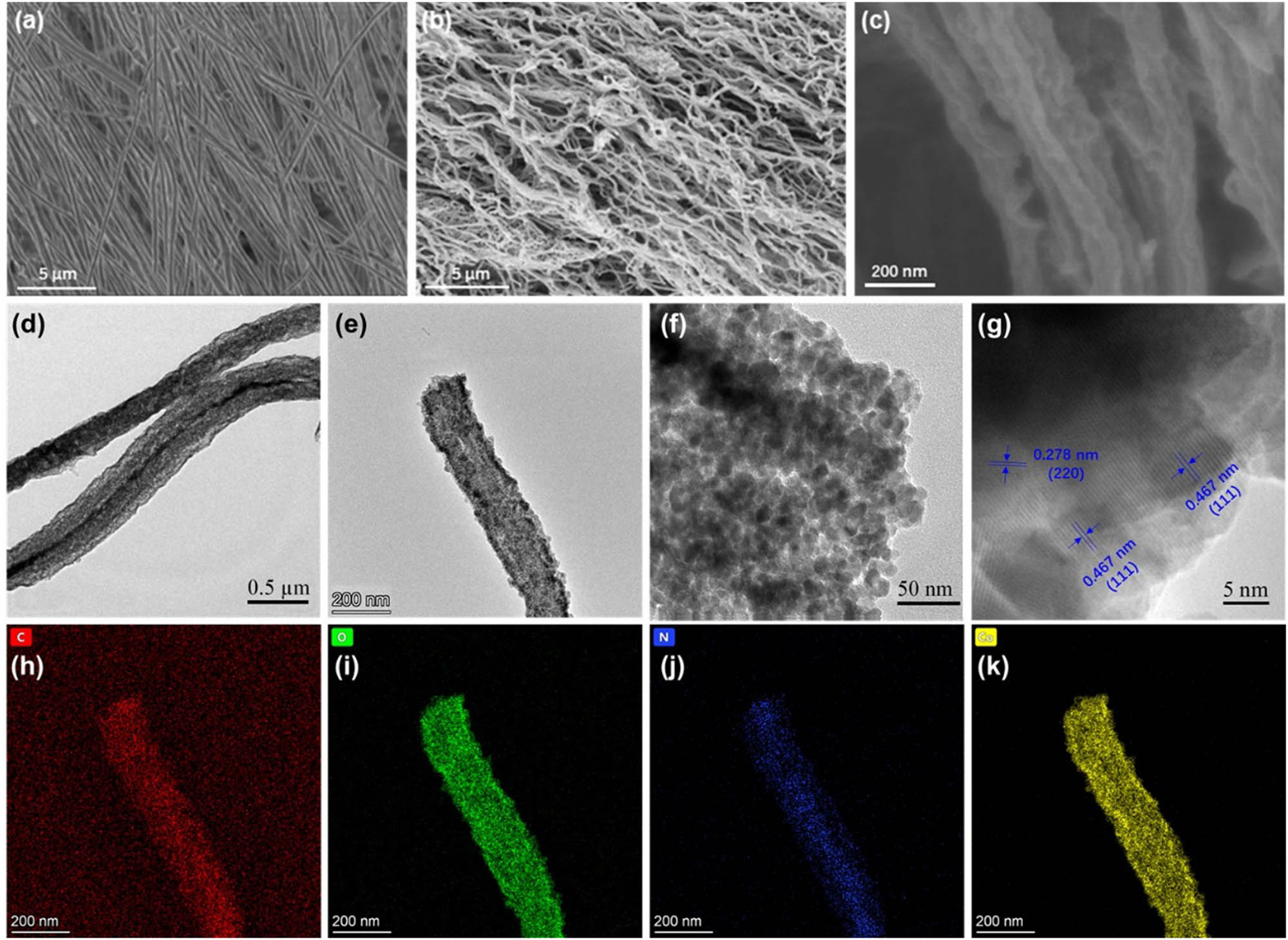 Figure 3 
                  SEM images of oriented (a) PAN/Co(OAc)2 and (b and c) cPAN/Co3O4 composite fibers. (d–g) TEM images of cPAN/Co3O4 at different magnifications and (h–k) the corresponding EDS mappings.
               