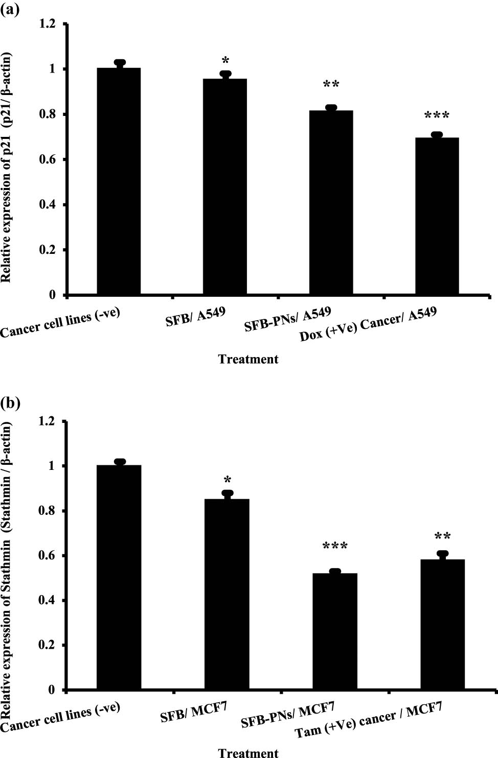 Figure 5 
                     (a) The expression of p21 gene in lung cancer cell lines treated with SFB, SFB-NPs, and DOX. Expression levels were standardized using the expression of the housekeeping gene β-actin. Data are presented as mean ± SEM. Mean values within tissue with unlike superscript letters were significantly different (p < 0.05). (b) The expression of Stathmin-1 gene in breast cancer cell lines treated with SFB, SFB-NPs, and Tam. Expression levels were standardized using the expression of the housekeeping gene β-actin. Data are presented as mean ± SEM. Mean values within tissue with unlike superscript letters were significantly different (P < 0.05). *p ≤ 0.05, **p ≤ 0.01, or ***p ≤ 0.001 denote statistically significant differences compared to control cells.
                  
