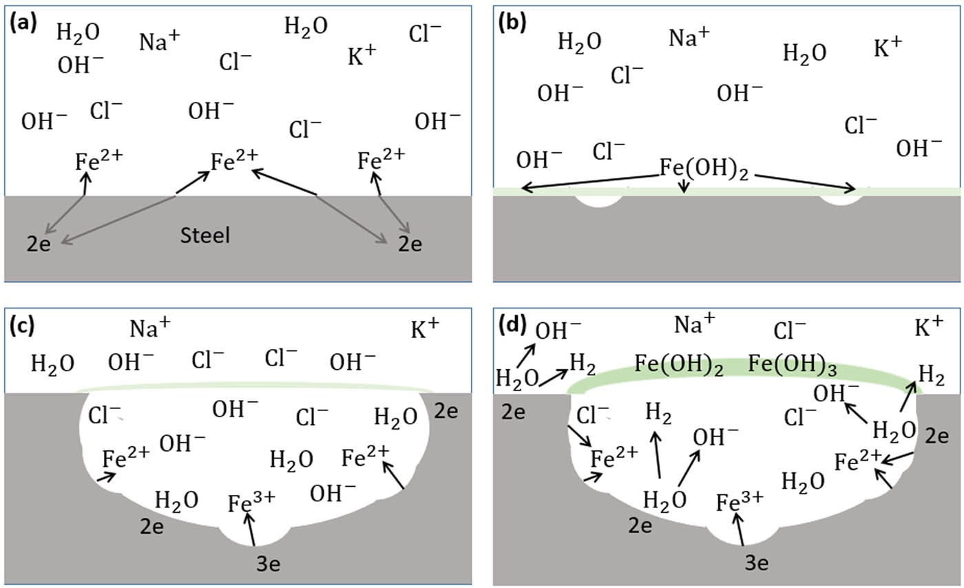 Figure 14
Schematic diagram of pitting corrosion mechanism under anodic potentiostatic application (APA). (a) Fe dissolving to Fe2+ at weak area of air-formed passive film. (b) Fe2+ combined with OH− forming Fe(OH)2 passive film. (c) Further dissolution of Fe to Fe2+ and Fe3+ and penetration of Cl− and OH− from bulk to trapped electrolyte. (d) Formation of green rust (Fe(OH)2 + Fe(OH)3) and H2.