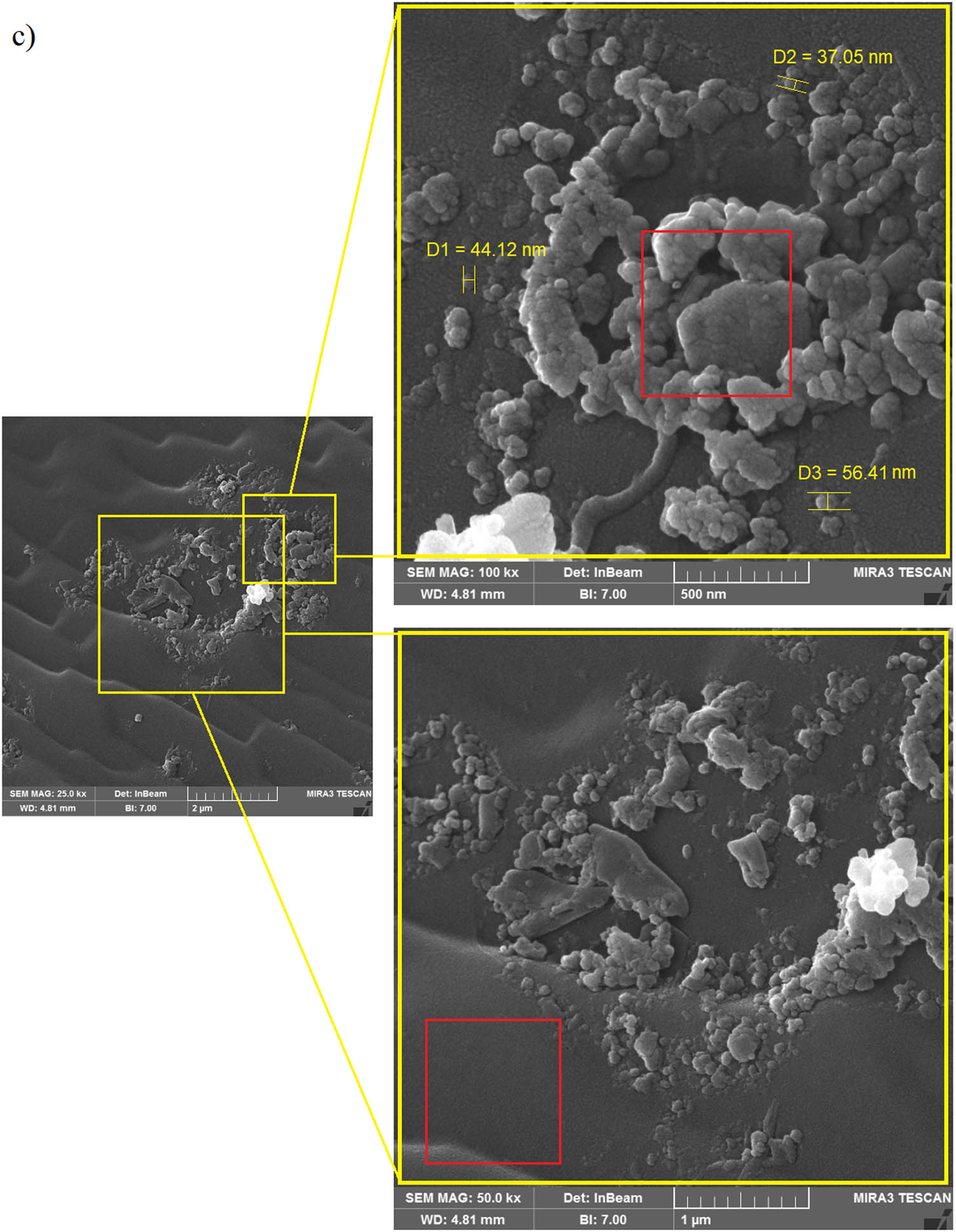 Figure 2 
                  (a) FESEM images of asphalt binder modified by CSNPs at different magnifications. (b) FESEM colored images of CSNPs on binder surface; CSNPs coat a large surface of the binder due to the high surface area-to-volume ratio (one of the unique physical properties of CSNPs). The red shows an aggregation of NPs, and green demonstrates the asphalt binder surface. (c) FESEM images of asphalt binder surface at different scales and aggregation sizes of CSNPs. The first red square illustrates the aggregate of CSNPs, and the second red square shows the surface of the asphalt binder. The average size of CSNPs is 45 nm.
               